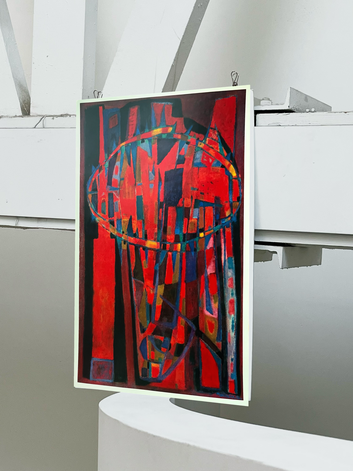 1950s Alfred Manessier French art exhibition lithograph featuring the bold red and blue abstract Crown of Thorns artwork