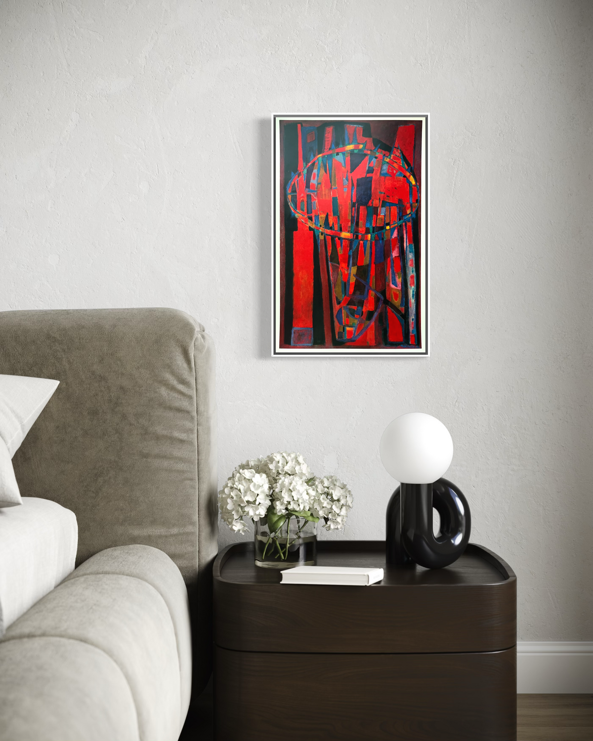 Red and blue abstract Alfred Manessier lithograph hung on a wall in a styled room
