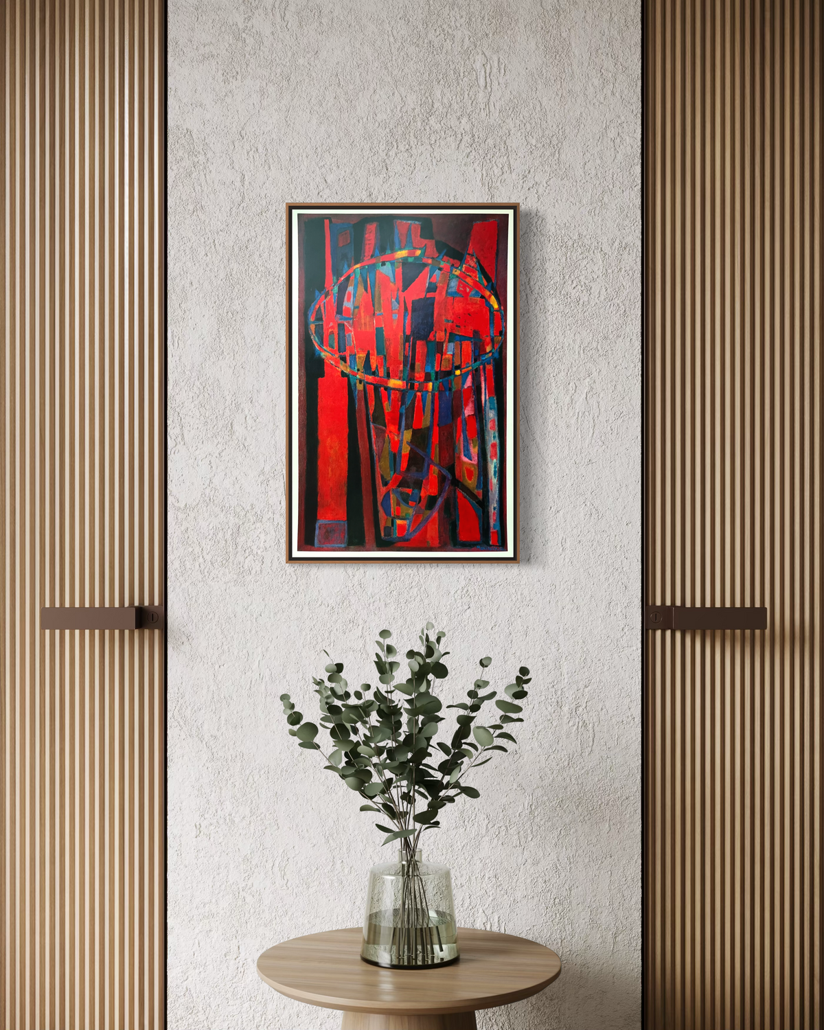 1950s Alfred Manessier abstract lithograph styled on display in a home setting