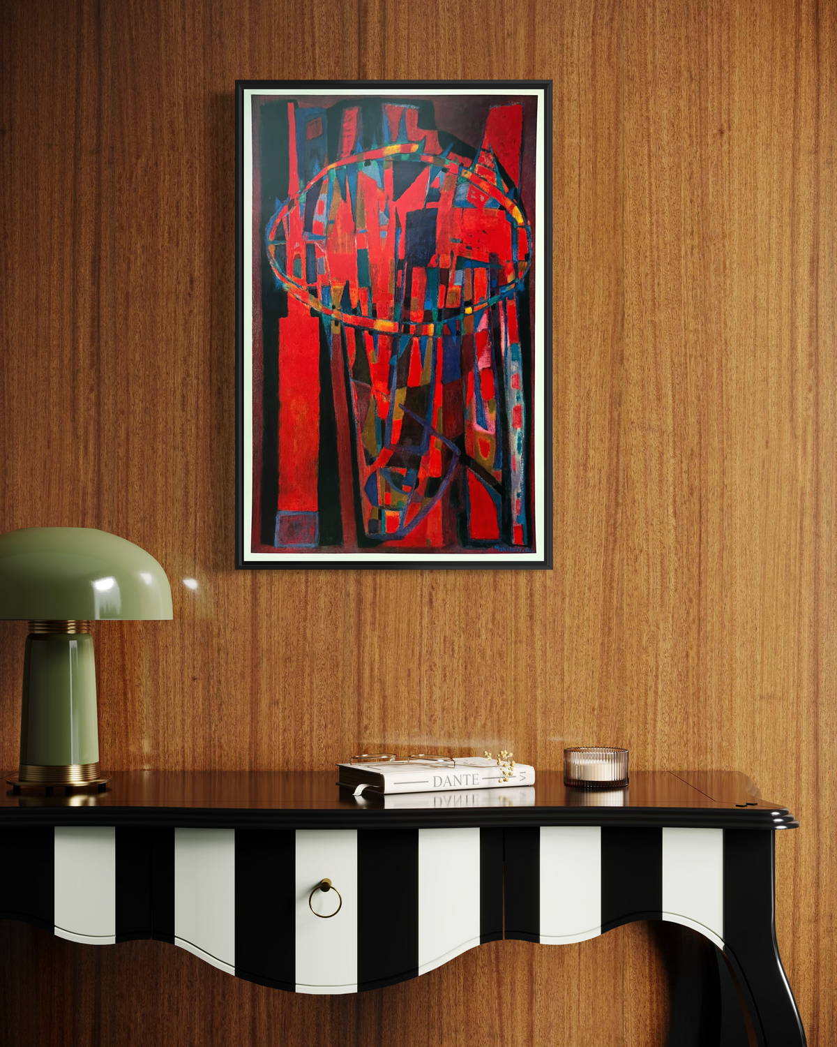 Vintage Alfred Manessier French exhibition print displayed on a living room wall