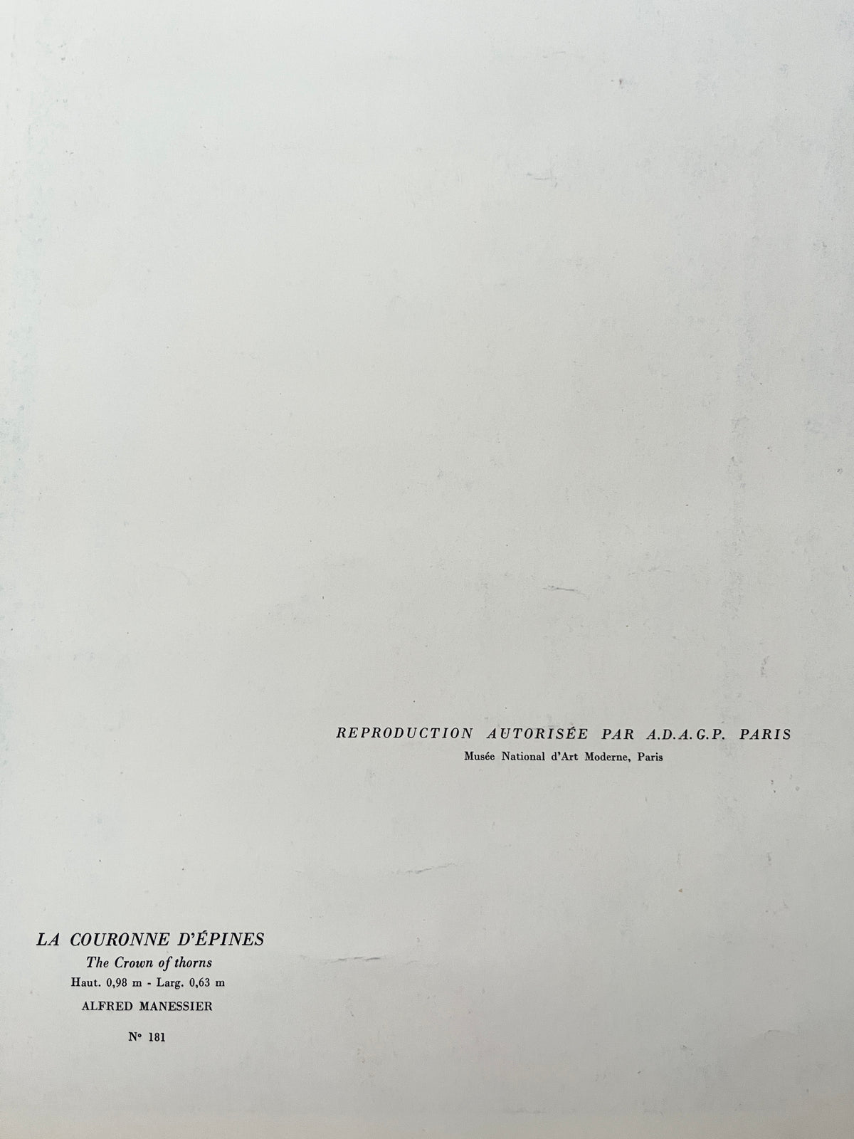 Reverse side of the 1950s Manessier lithograph showing printed text about the artwork, left view