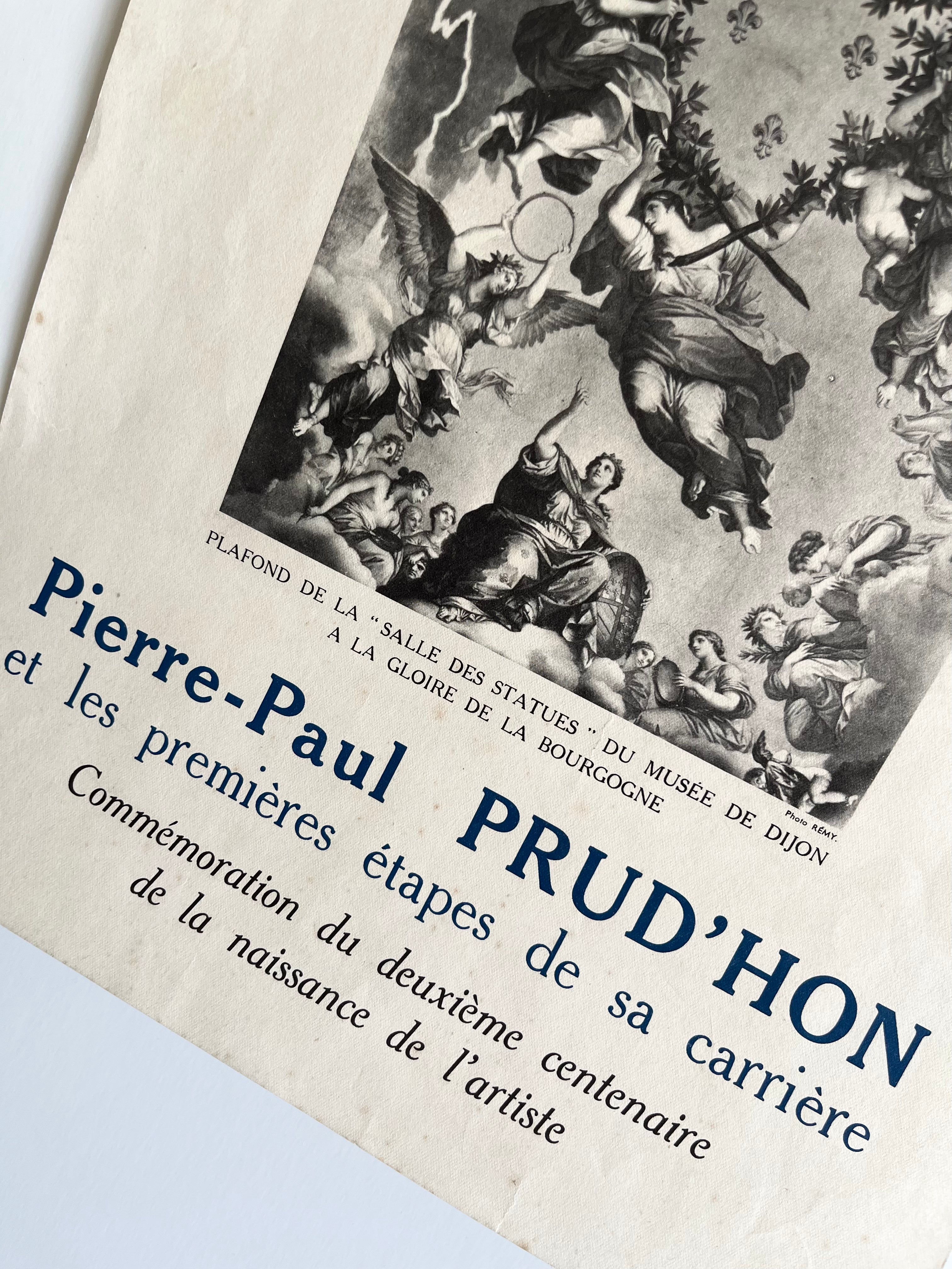 Close-up detail of 1959 Pierre-Paul Prud'hon vintage art exhibition print, textured matte paper