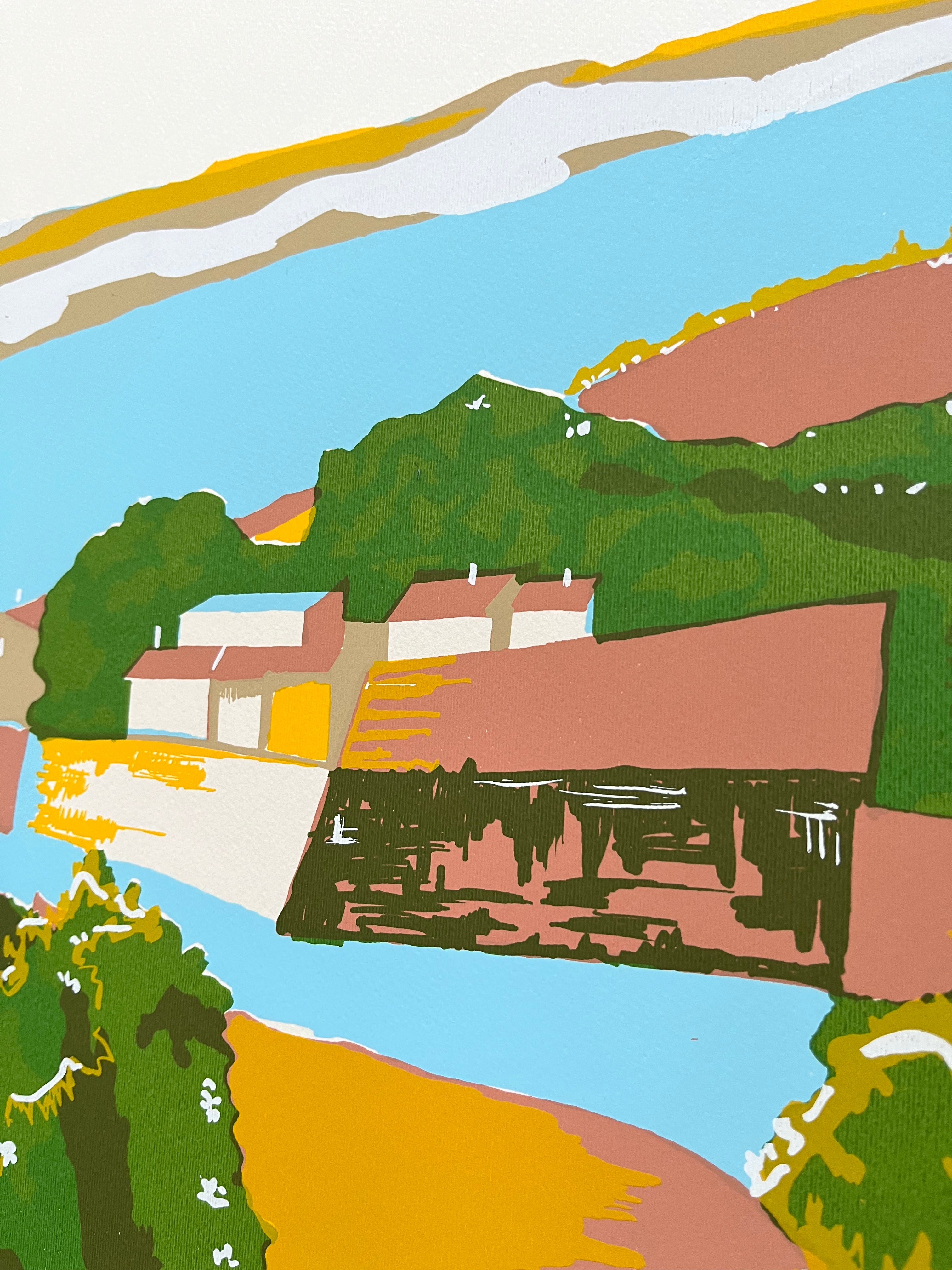 Close-up detail of the top section of Biagio Civale's 1970s screenprint showing countryside town imagery