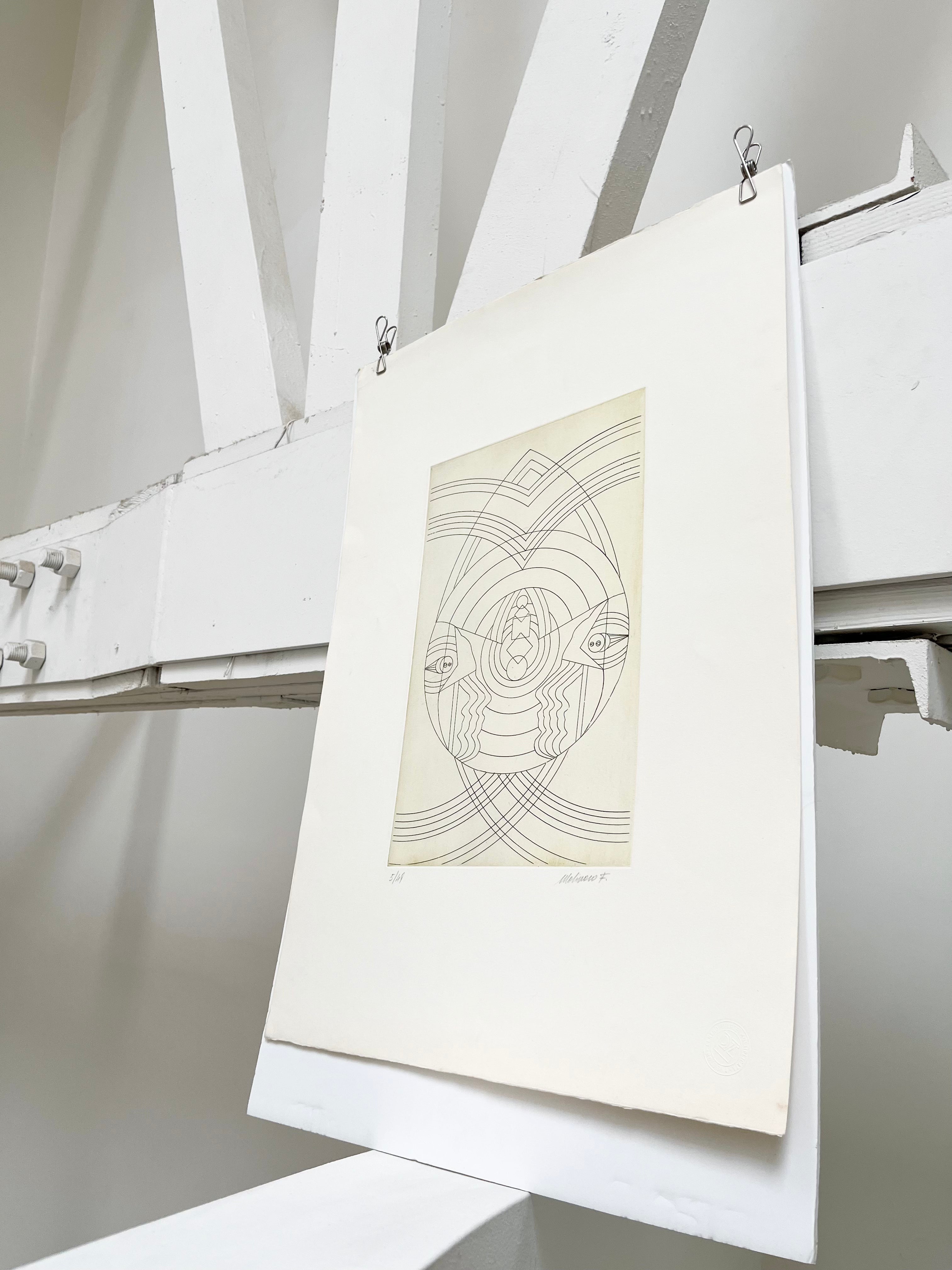 1970s F. Molinero signed Italian etching, full view of symmetrical geometric op art design in beige and black