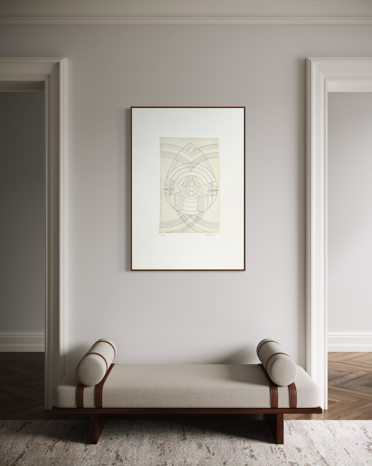 1970s F. Molinero etching displayed as wall art in a home setting
