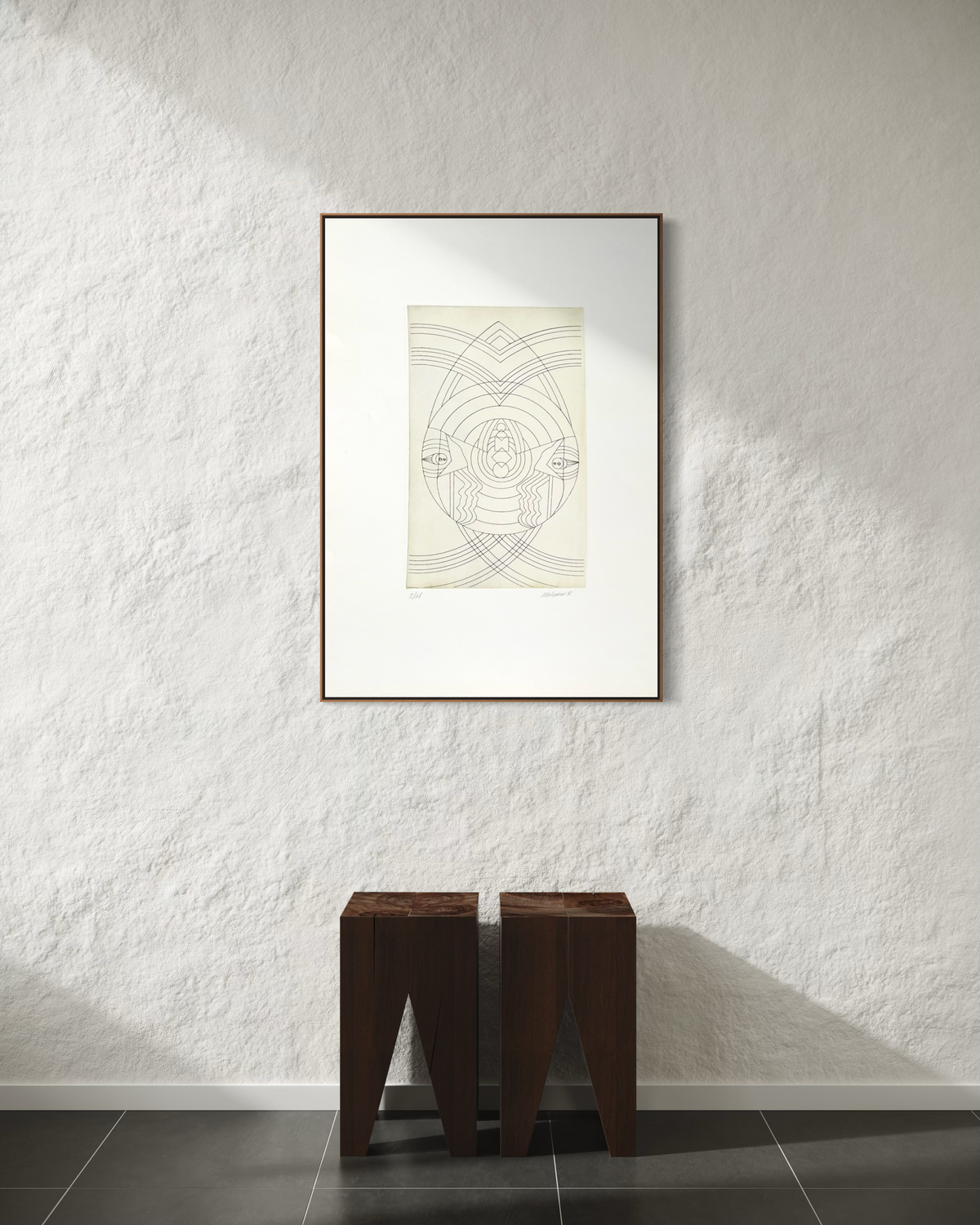 1970s F. Molinero etching framed and displayed on a living room wall