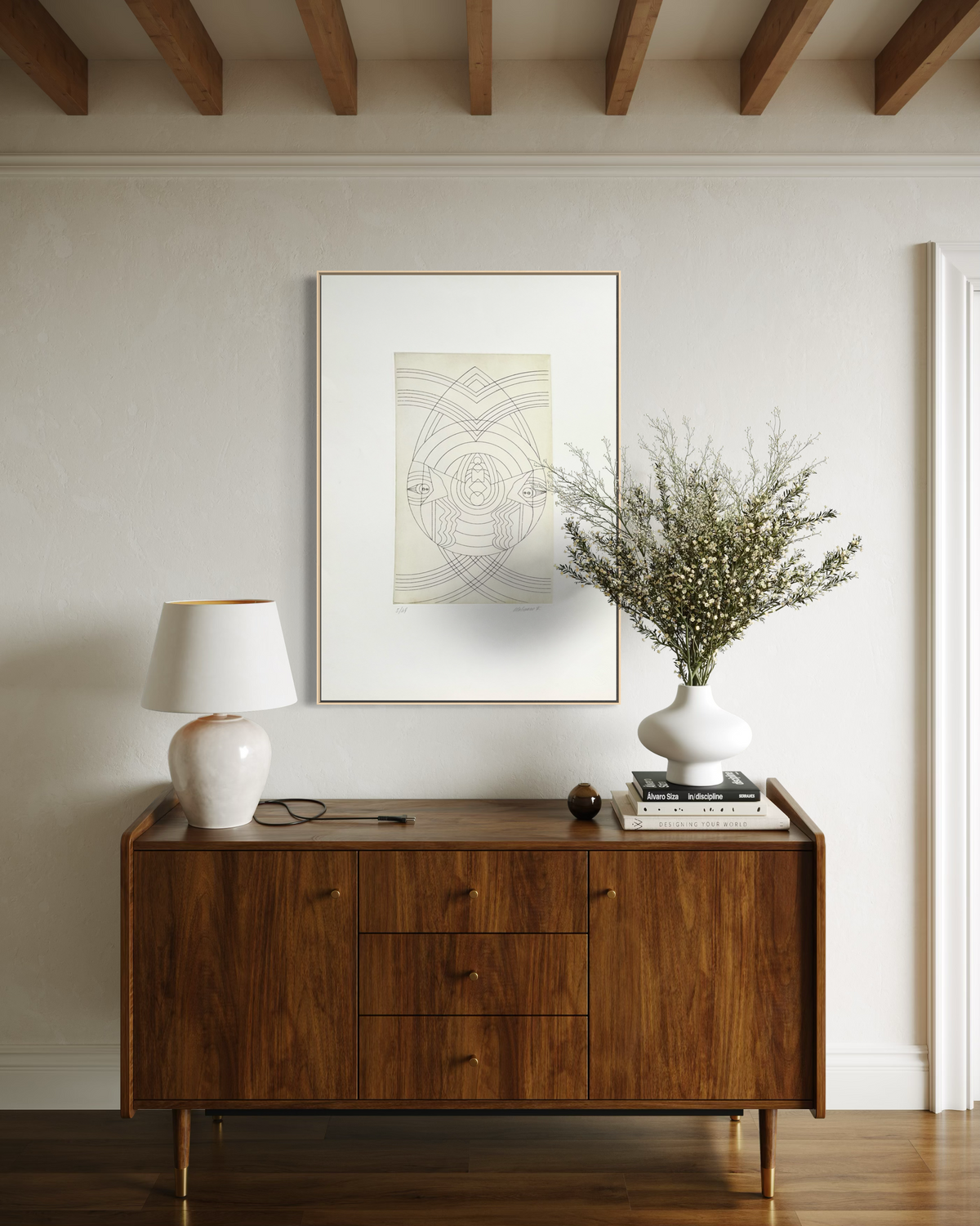 1970s F. Molinero etching displayed as wall art in a modern home interior