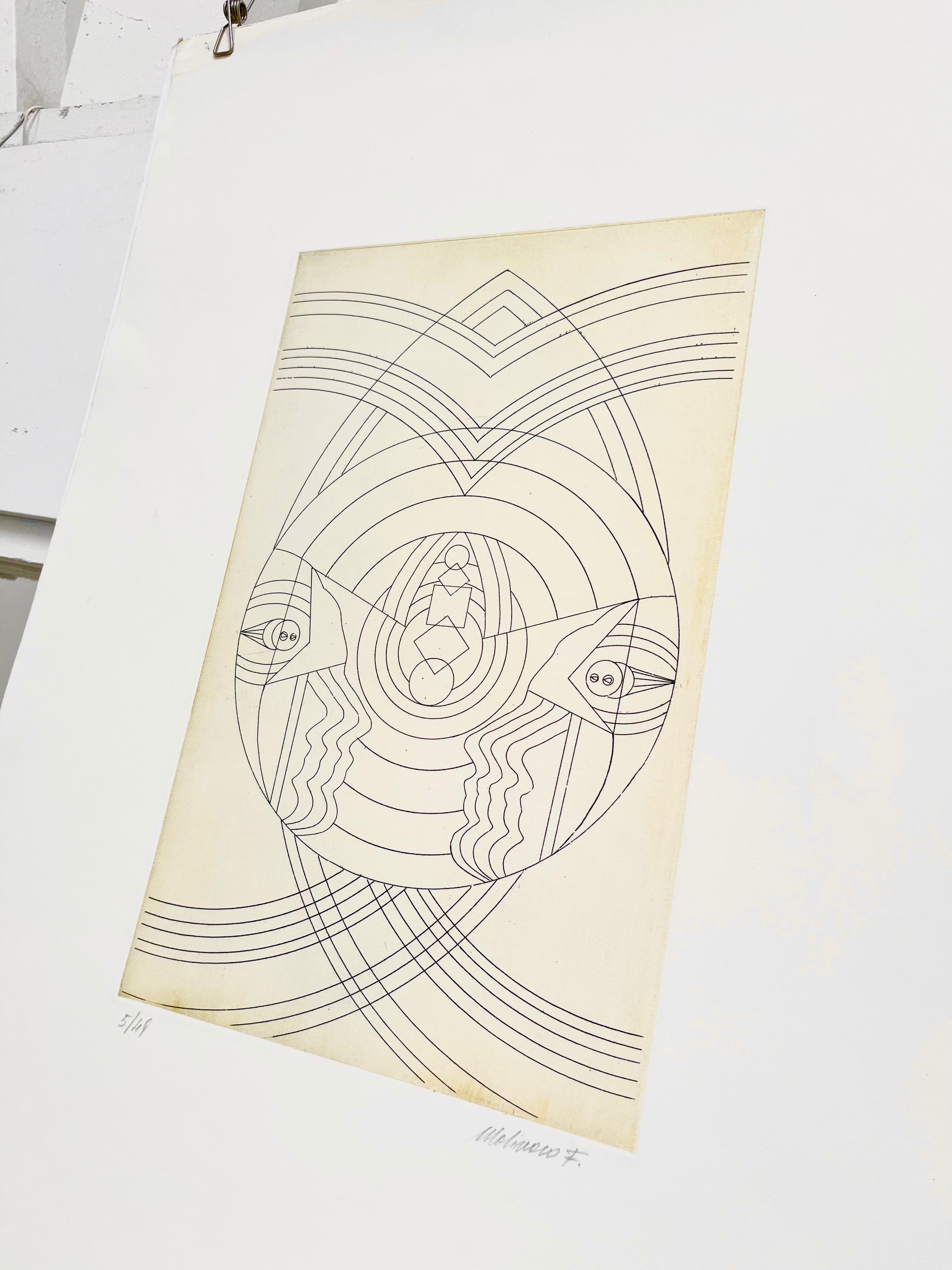 Side close-up of the 1970s F. Molinero etching showing paper thickness and edge condition