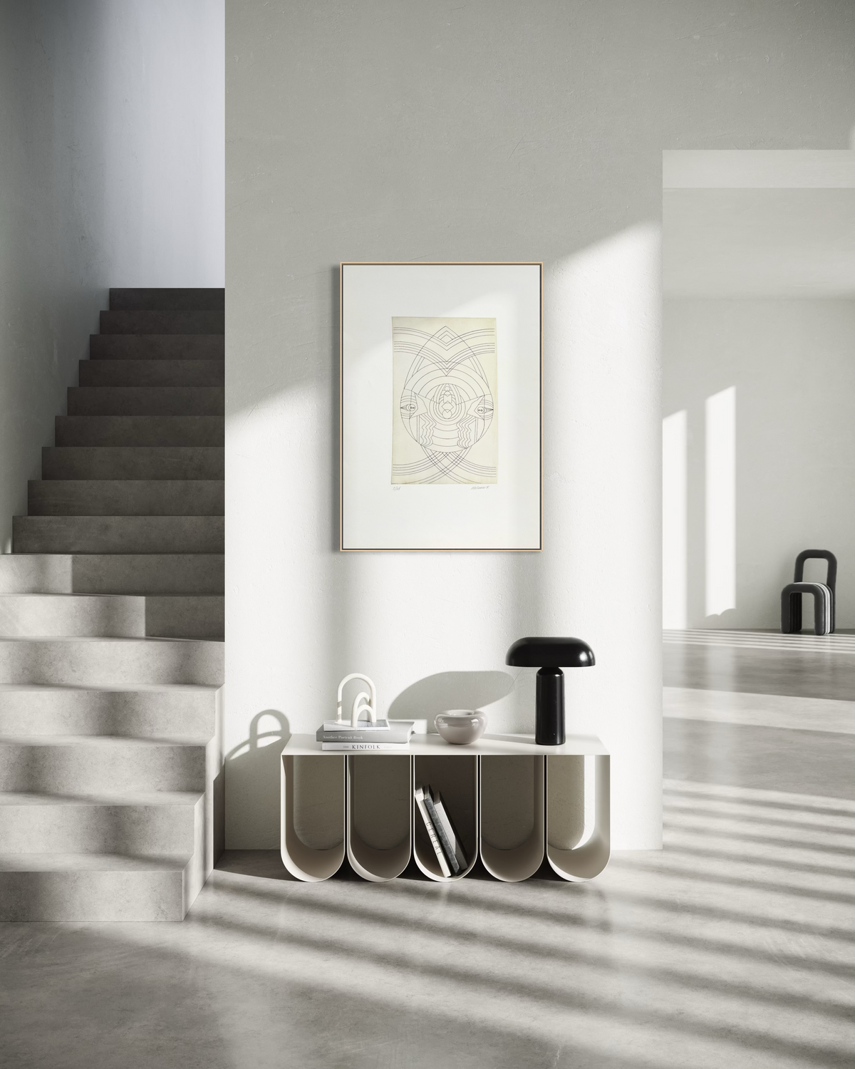 1970s F. Molinero signed etching hung on a neutral colored wall