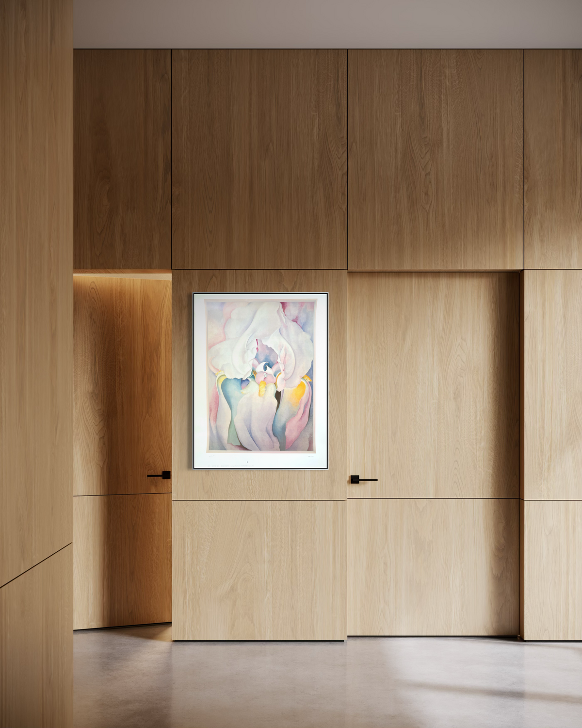 1970s Georgia O'Keeffe Light Iris poster styled on display in a room setting