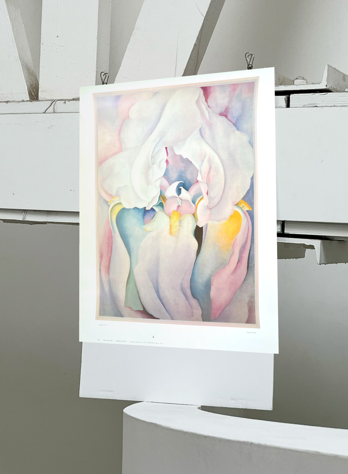 Full view of 1970s Georgia O'Keeffe Light Iris poster showing a close-up iris flower in soft pastel tones with yellow accents