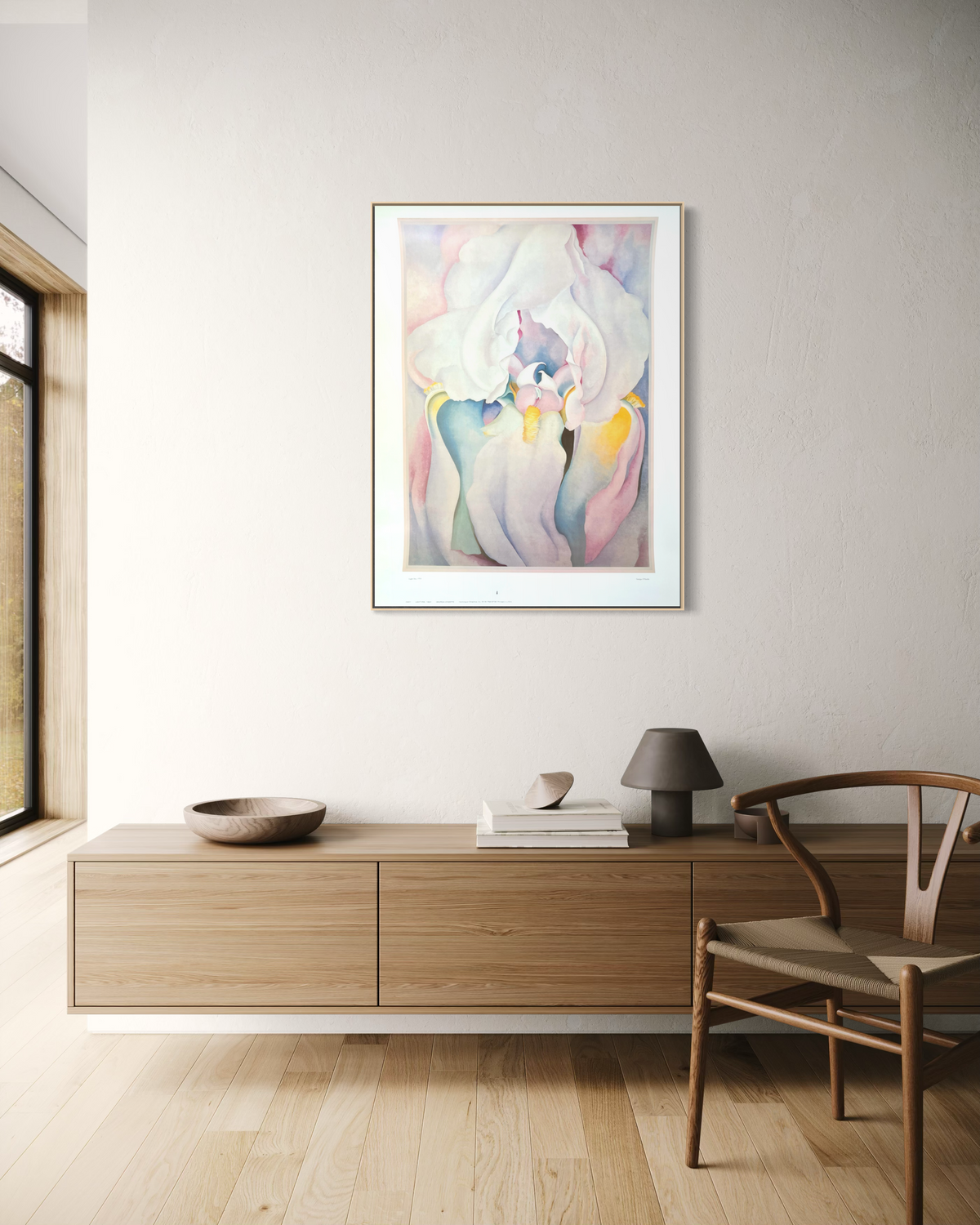 Vintage Georgia O'Keeffe iris poster shown on a wall in a living space
