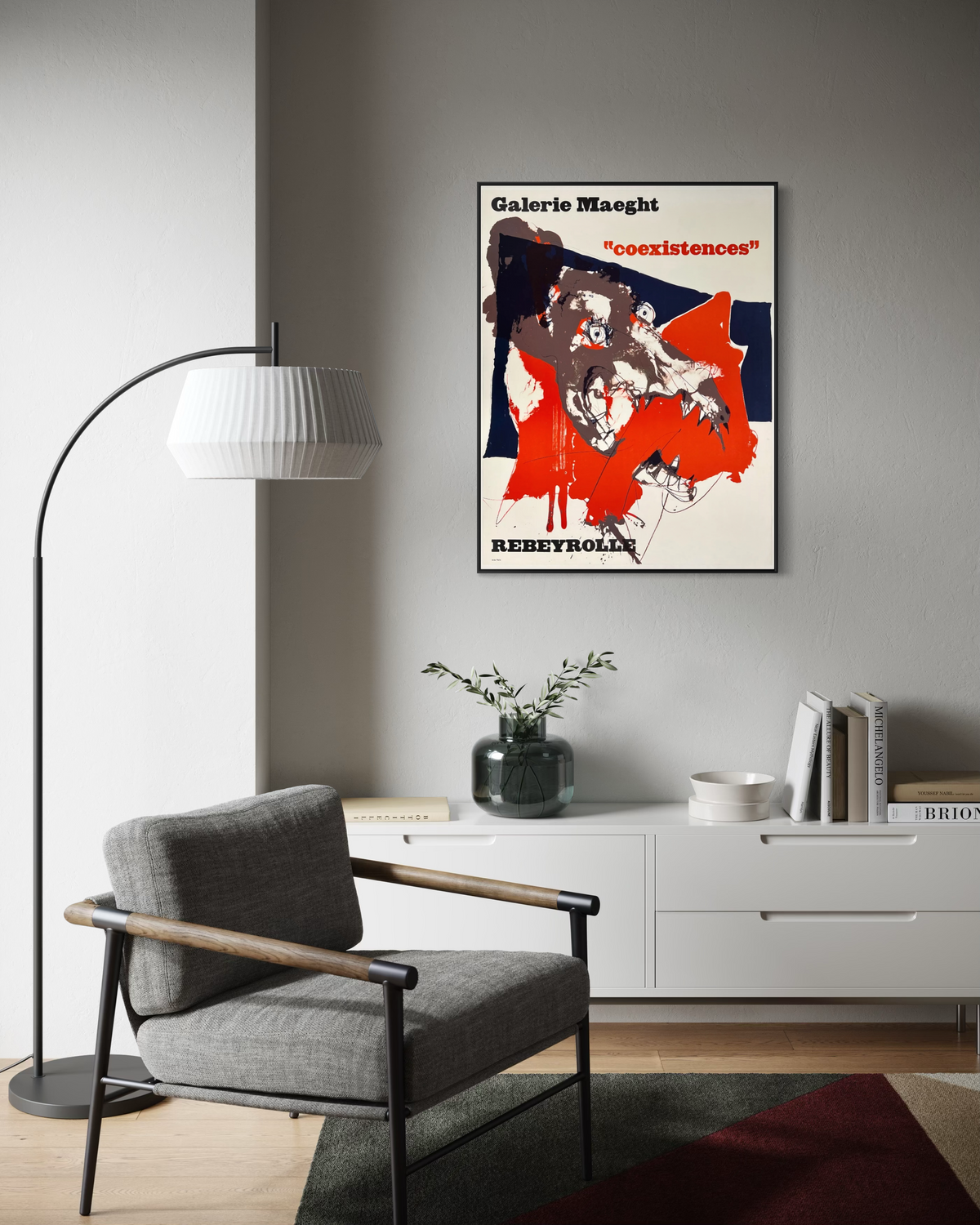 Mockup of a vintage Paul Rebeyrolle French exhibition print shown on an art wall