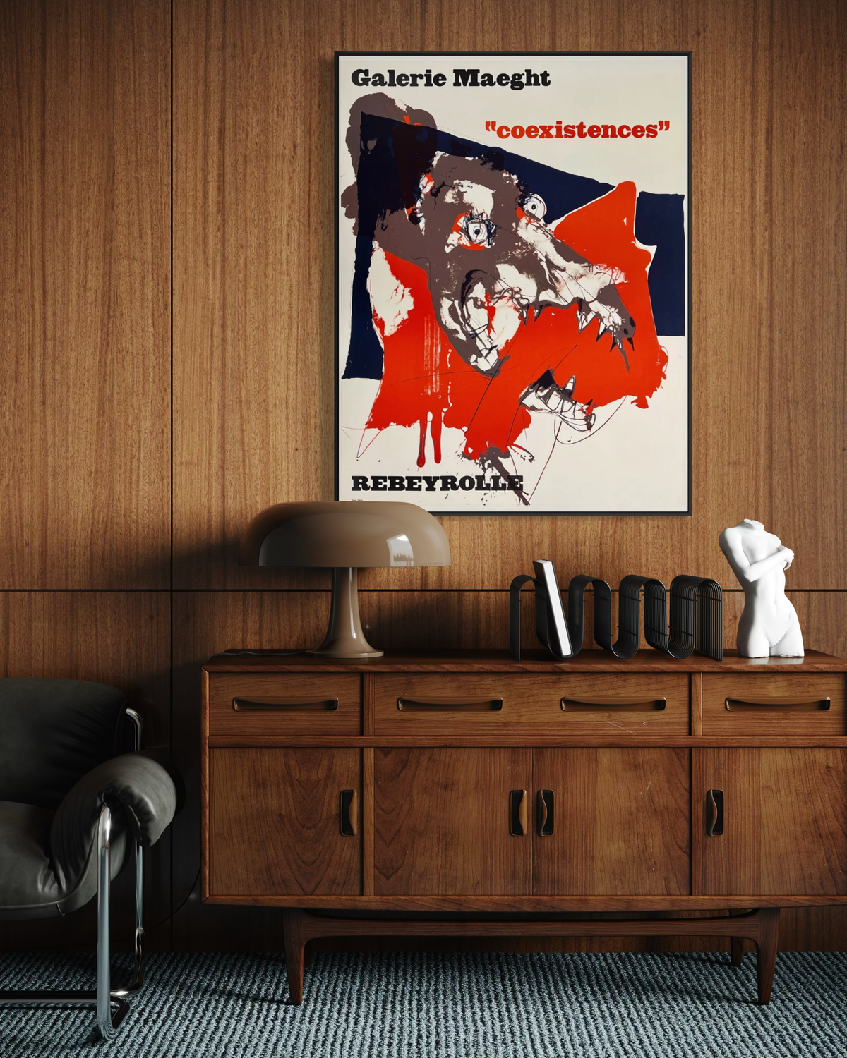 Mockup of a 1970s Paul Rebeyrolle French lithograph styled as wall decor in a living space