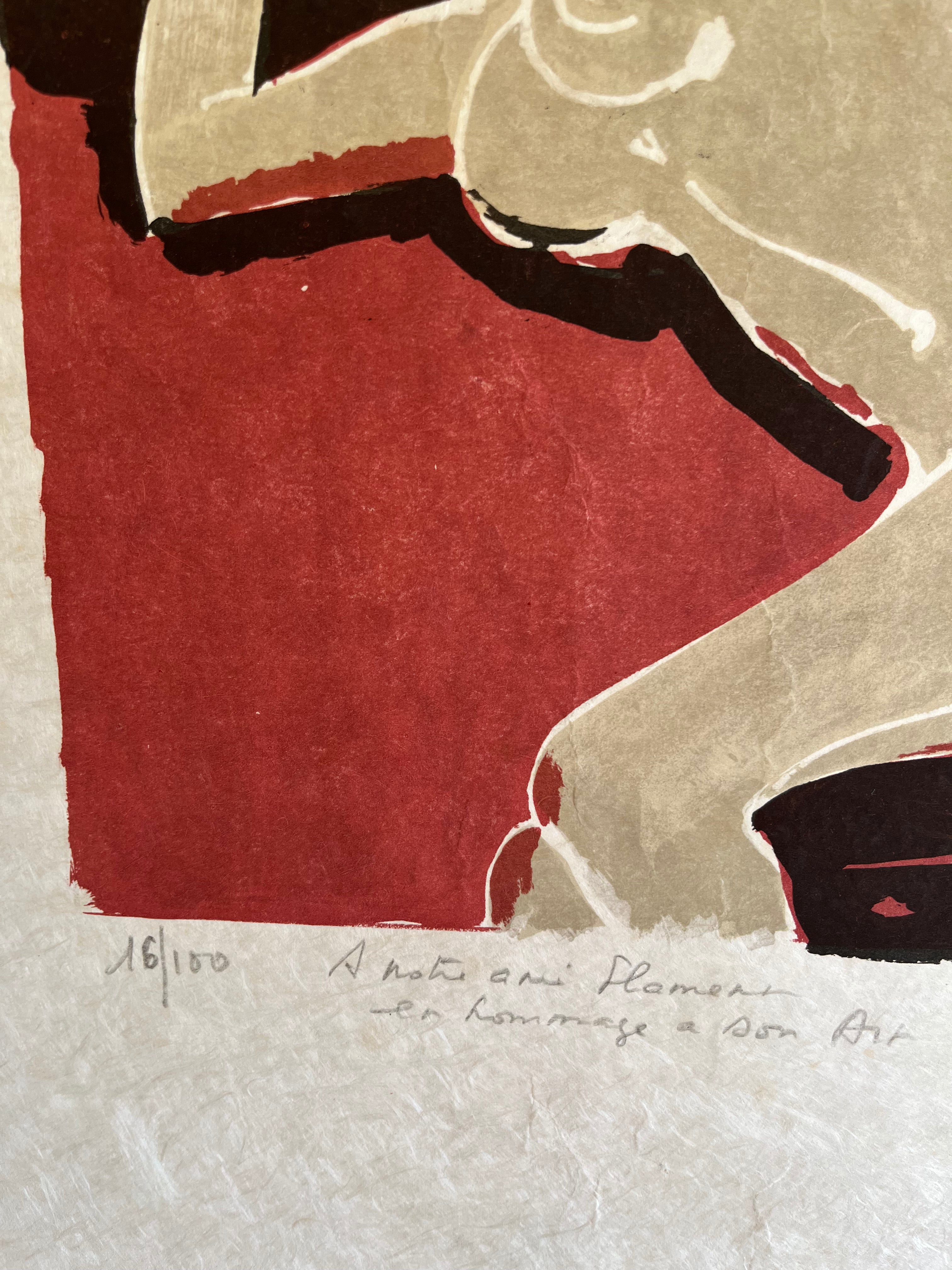 Close-up of vintage 1970s French lithograph paper texture, Jef Friboulet original print