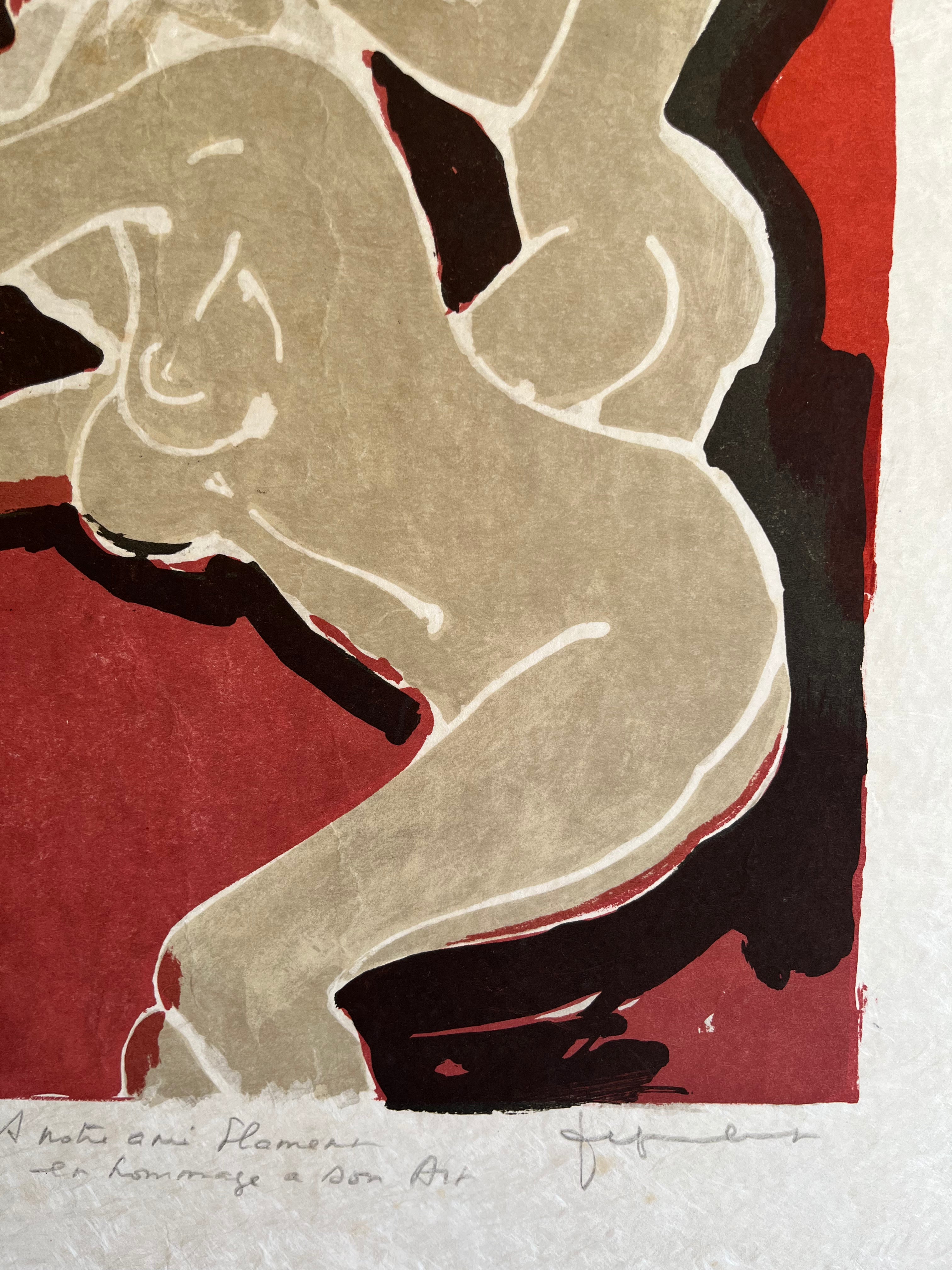 Vintage lithograph detail showing textured paper and hand signature, Jef Friboulet 1970s