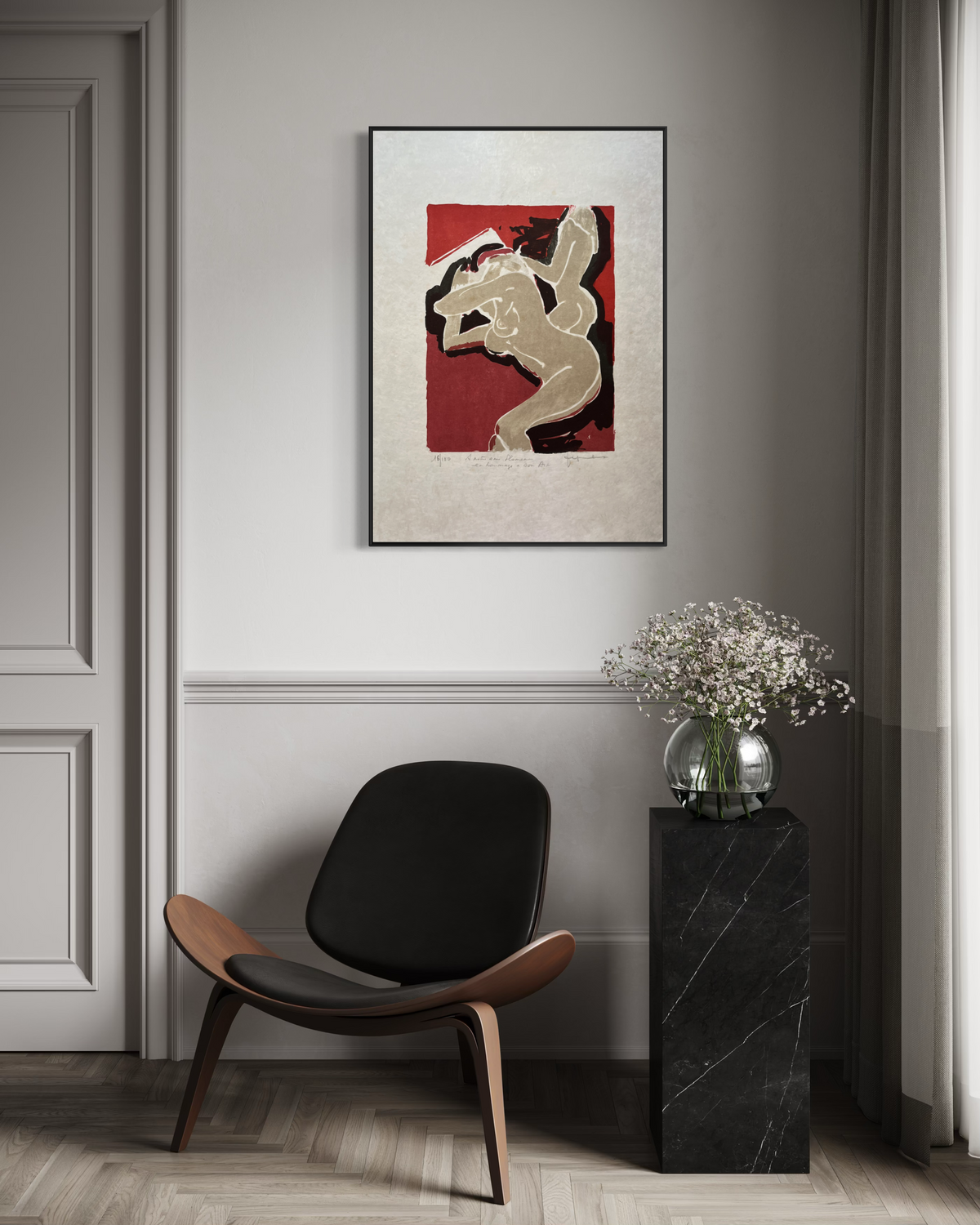 Vintage French lithograph print by Jef Friboulet, red and black modernist illustration
