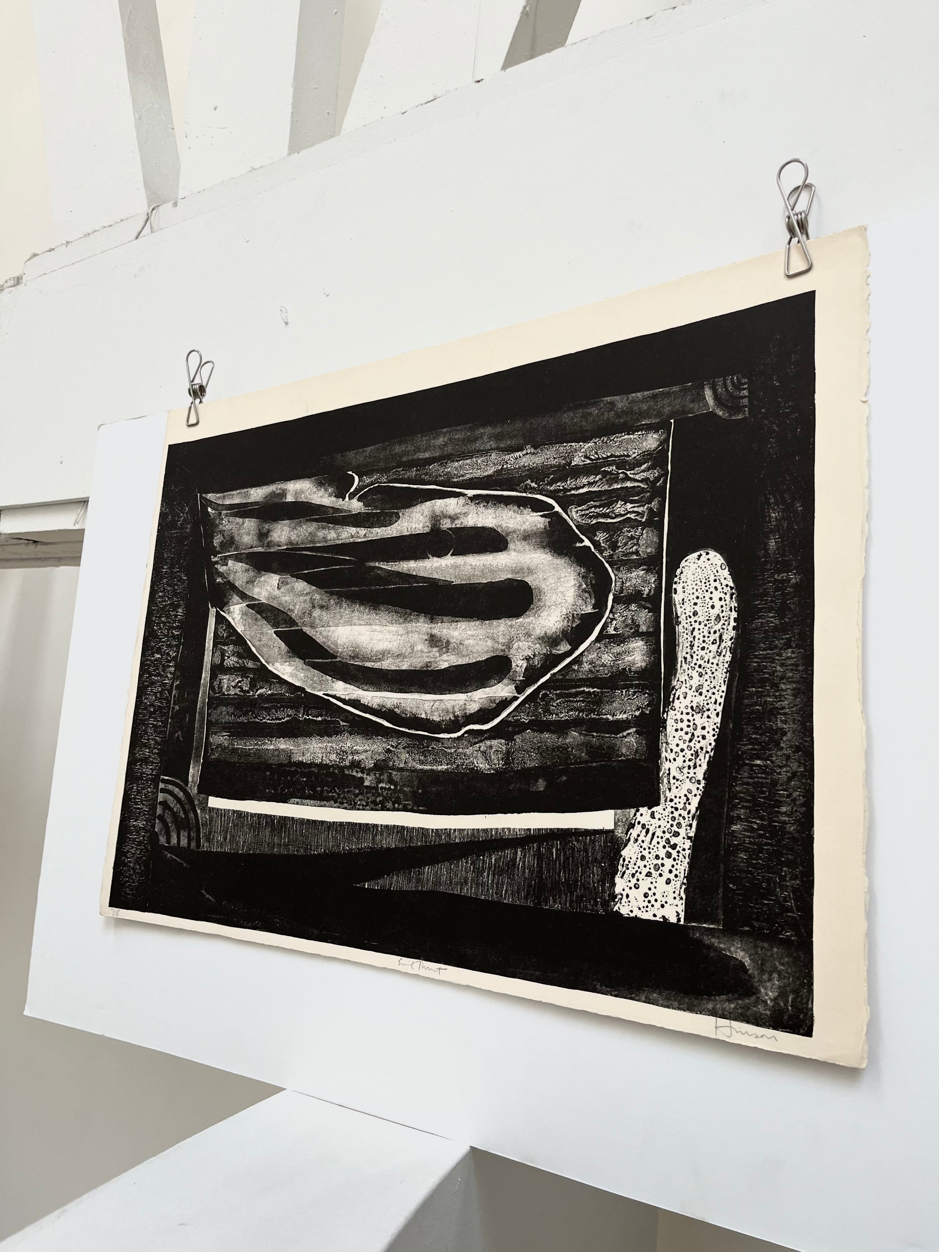 Close-up of Ron Hinson lithograph showing textured abstract linework