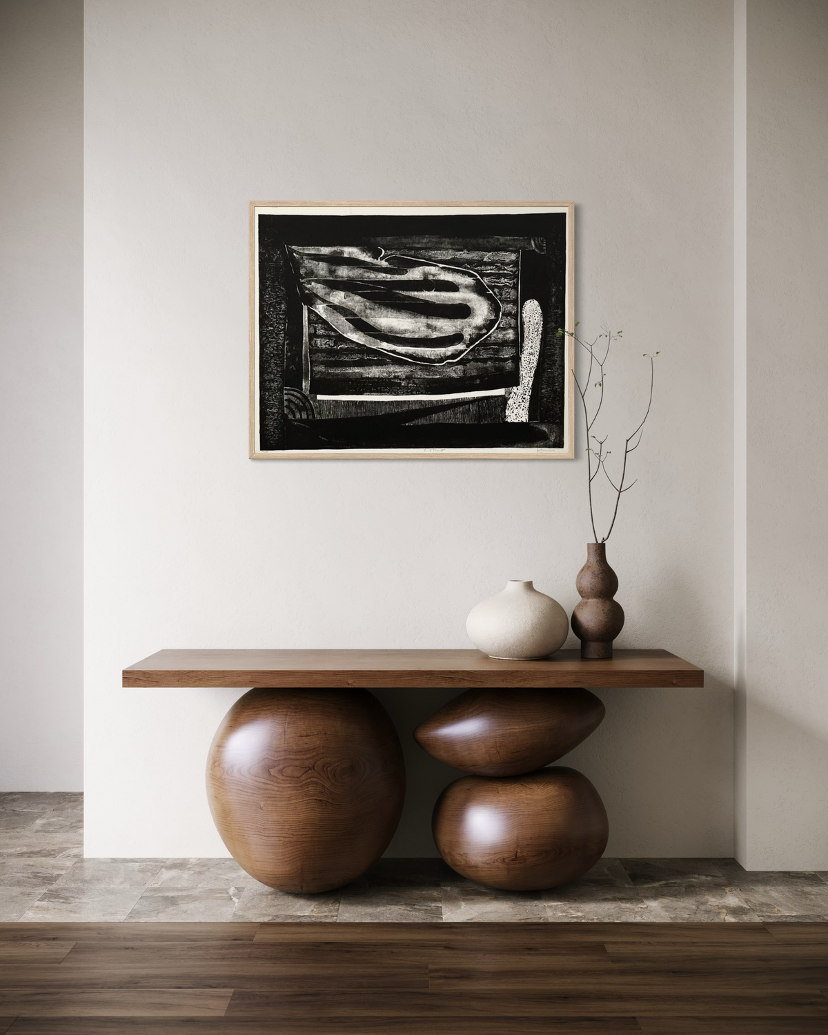 Original signed Ron Hinson print above furniture, abstract wall art