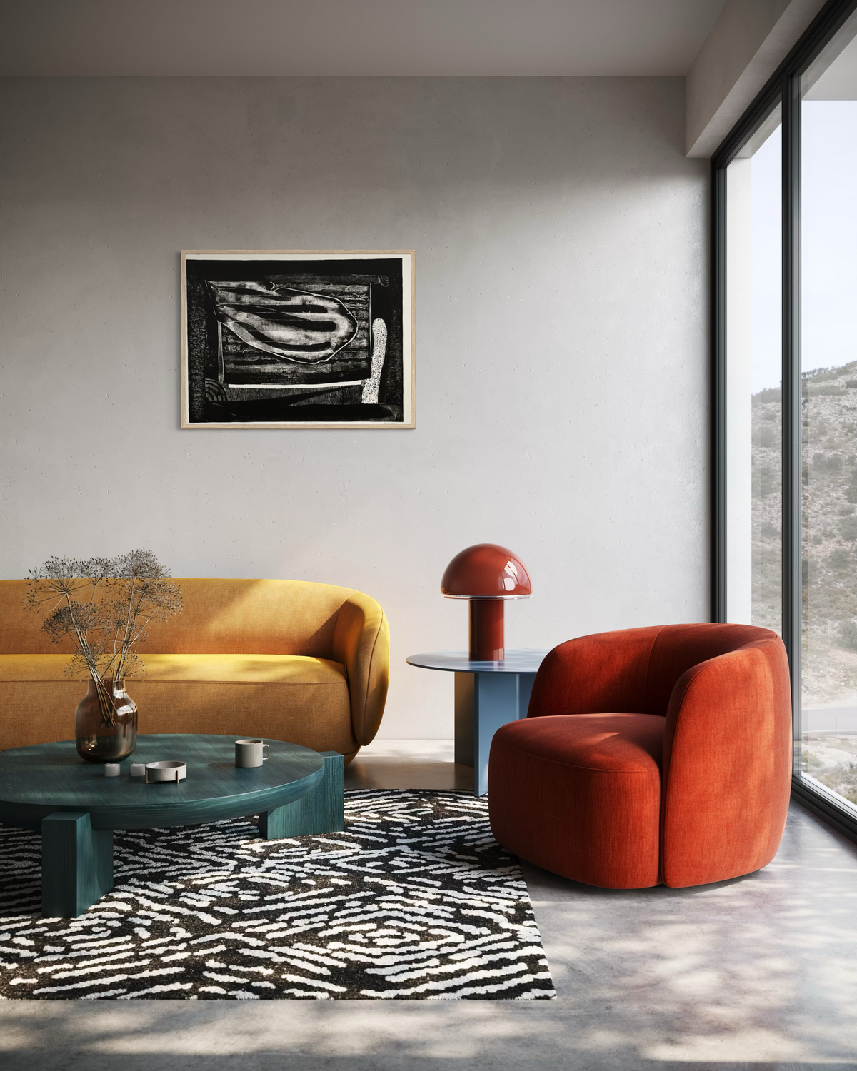 Vintage Ron Hinson abstract print displayed in modern interior