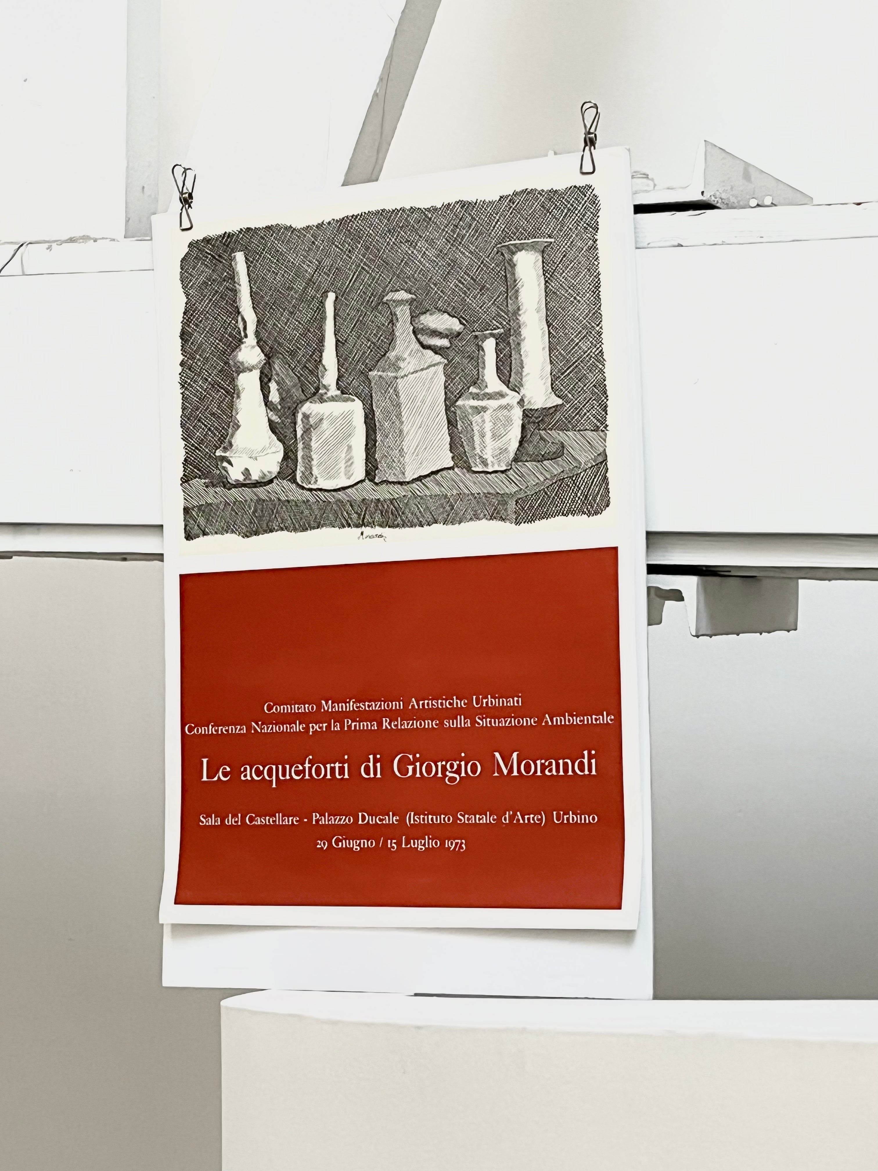 1973 Giorgio Morandi Italian art exhibition print, full view of still life design with rust red typography box