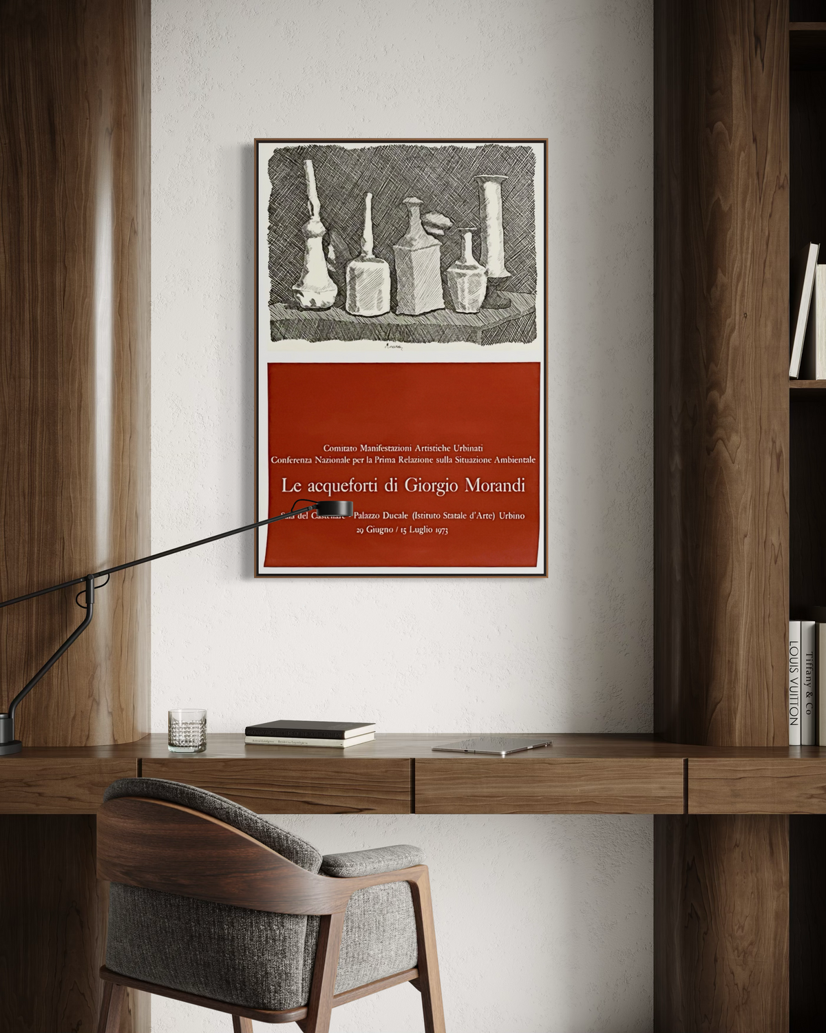 1973 Giorgio Morandi exhibition print displayed as wall art in a styled interior design setting