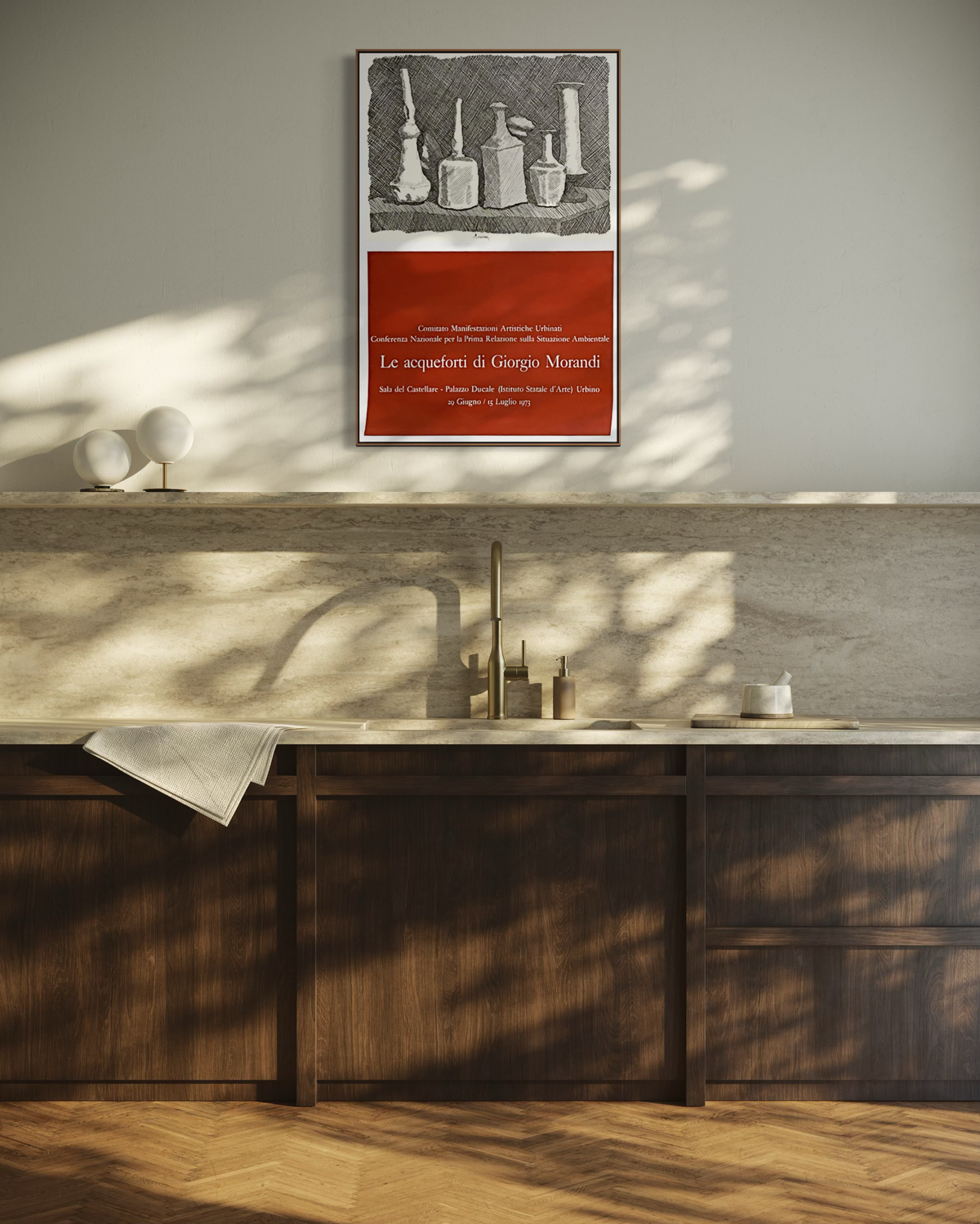 1973 Giorgio Morandi exhibition print displayed as wall art in a kitchen setting
