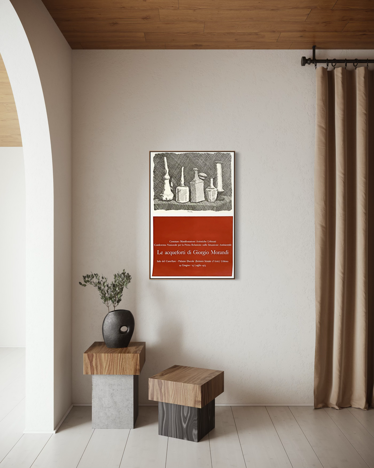 1973 Giorgio Morandi exhibition print displayed as wall art in a wabi-sabi styled interior