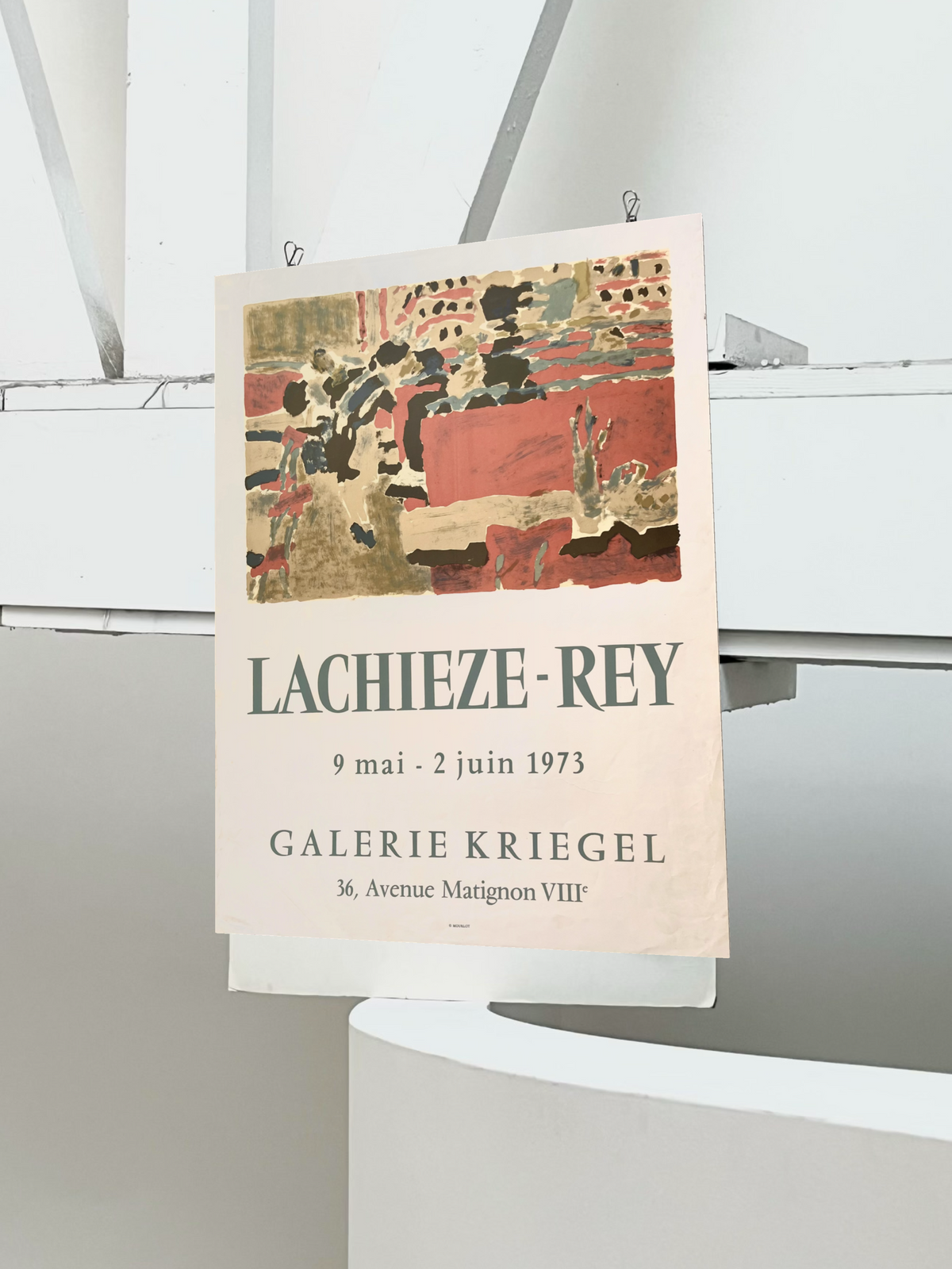 1973 Henri Lachièze-Rey French Mourlot lithograph, full view of rust-toned abstract exhibition print