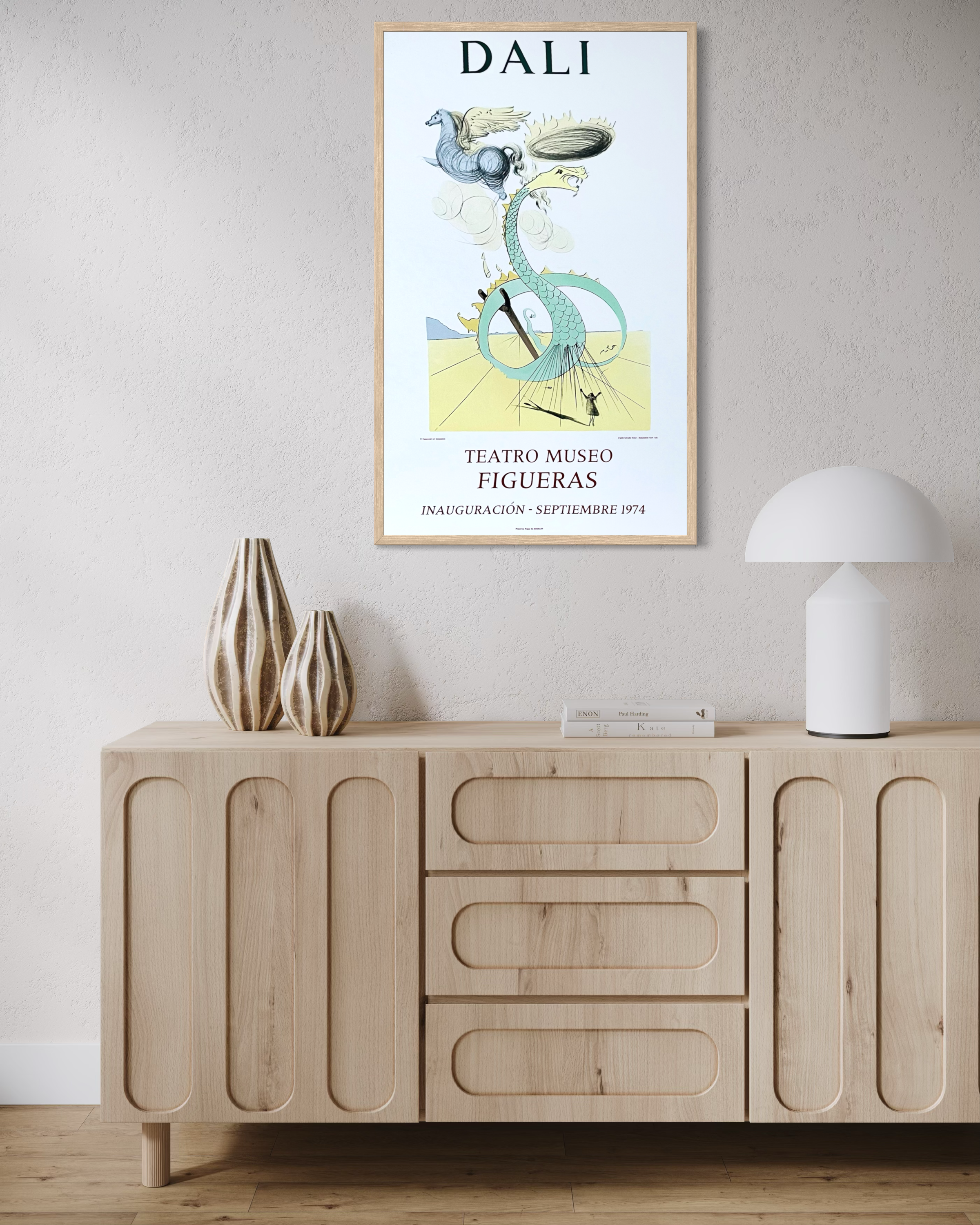 Original Dali exhibition print above furniture, surrealist wall decor