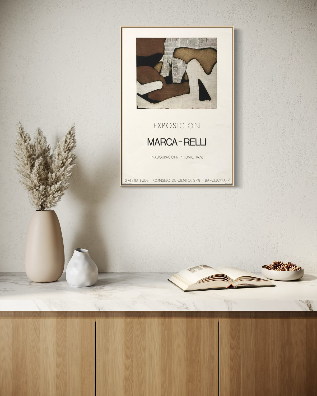 Close view of a framed Conrad Marca-Relli abstract exhibition poster hanging on a home wall