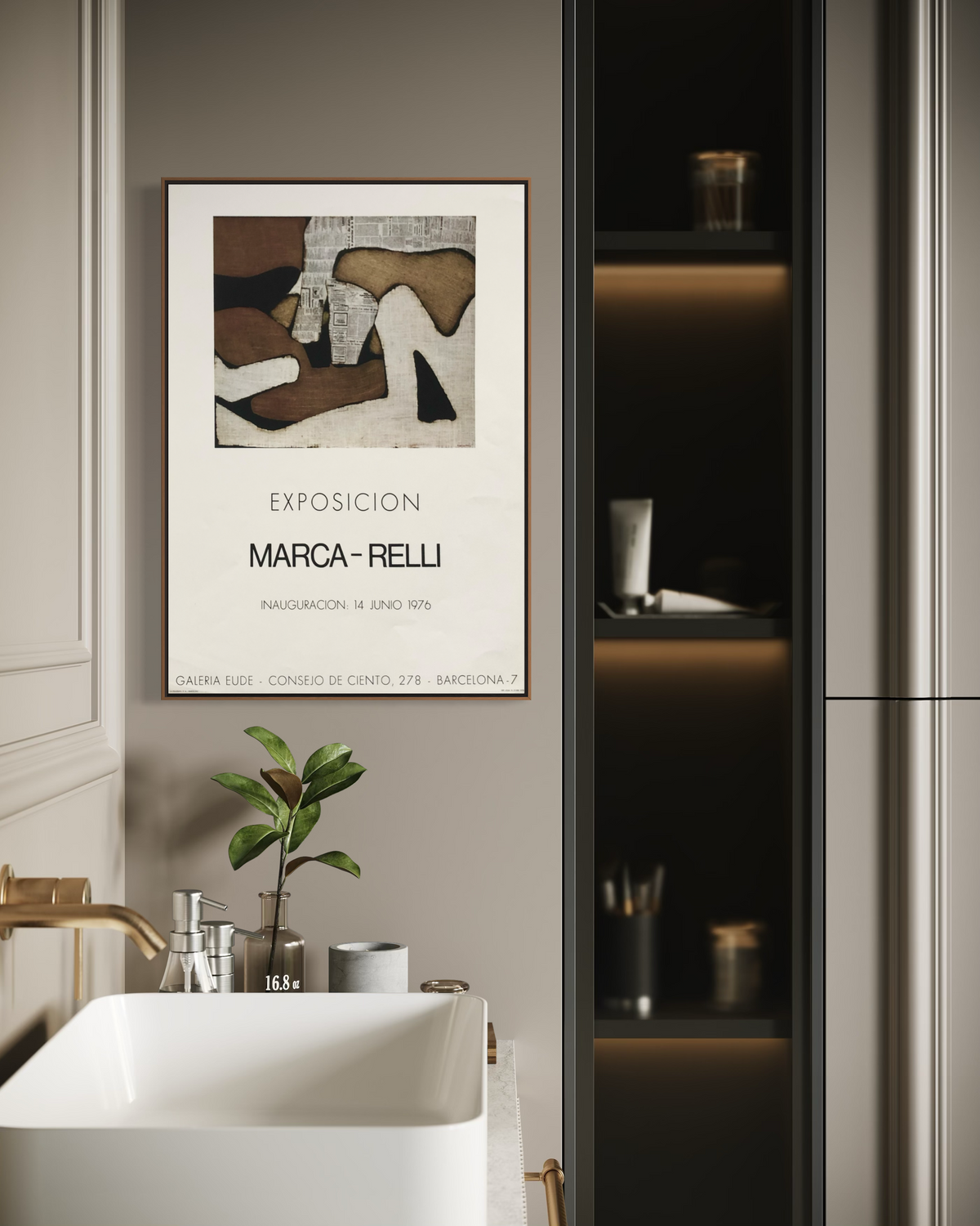 Room mockup showing a vintage Conrad Marca-Relli Spanish exhibition print as home decor