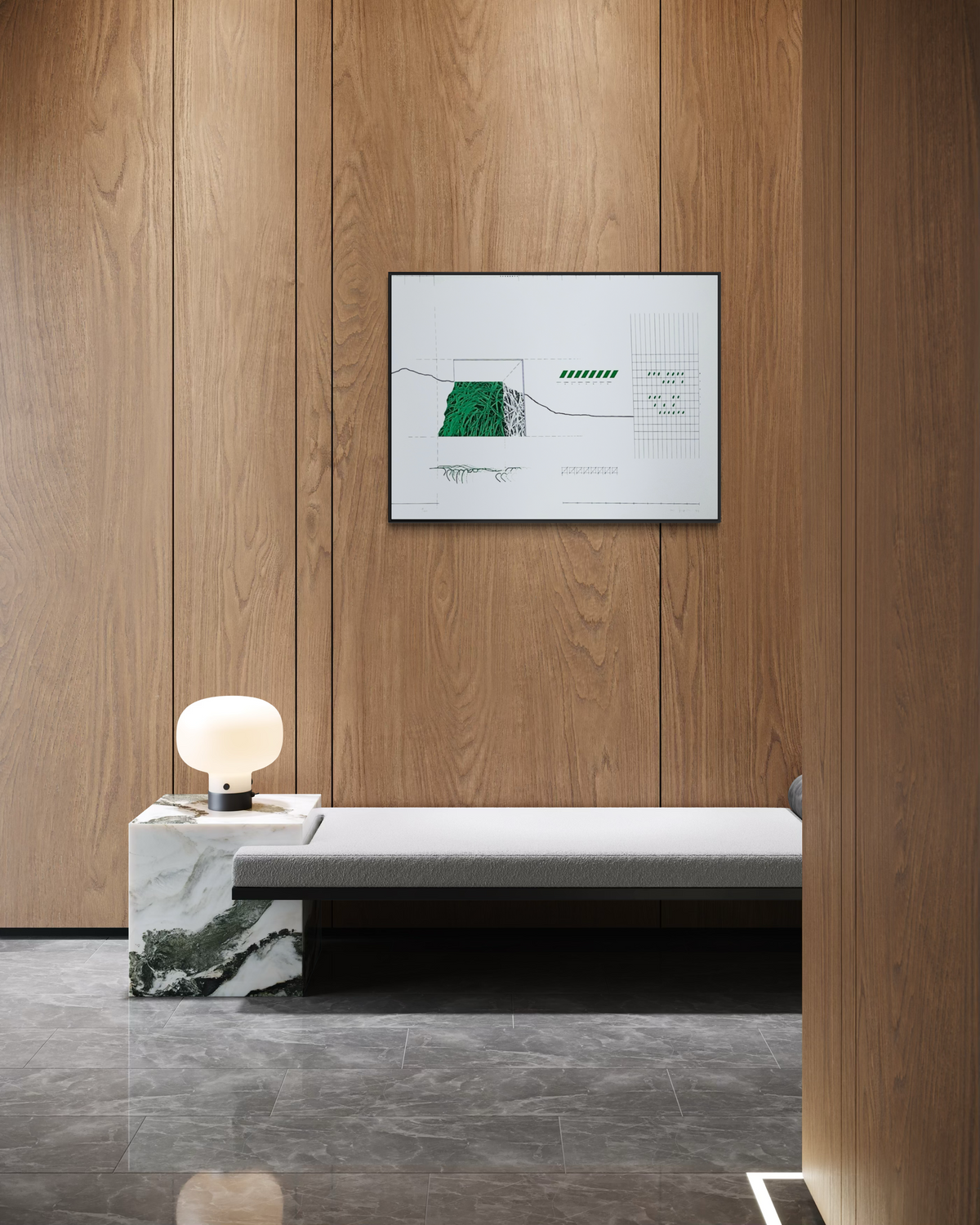 The lithograph hung as art in a styled interior