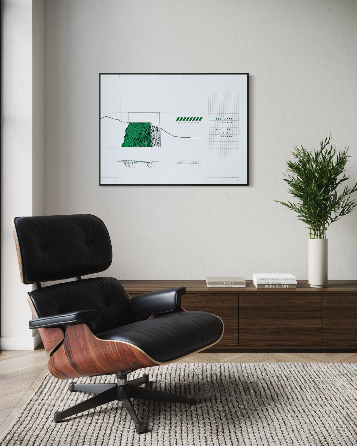 Mockup showing the Alessandra Bonelli lithograph framed in a room