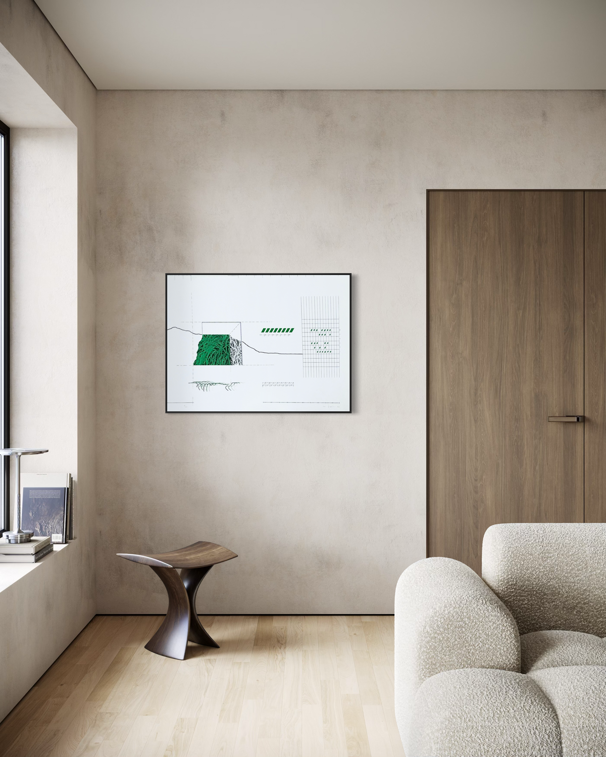 The vintage lithograph displayed on a wall