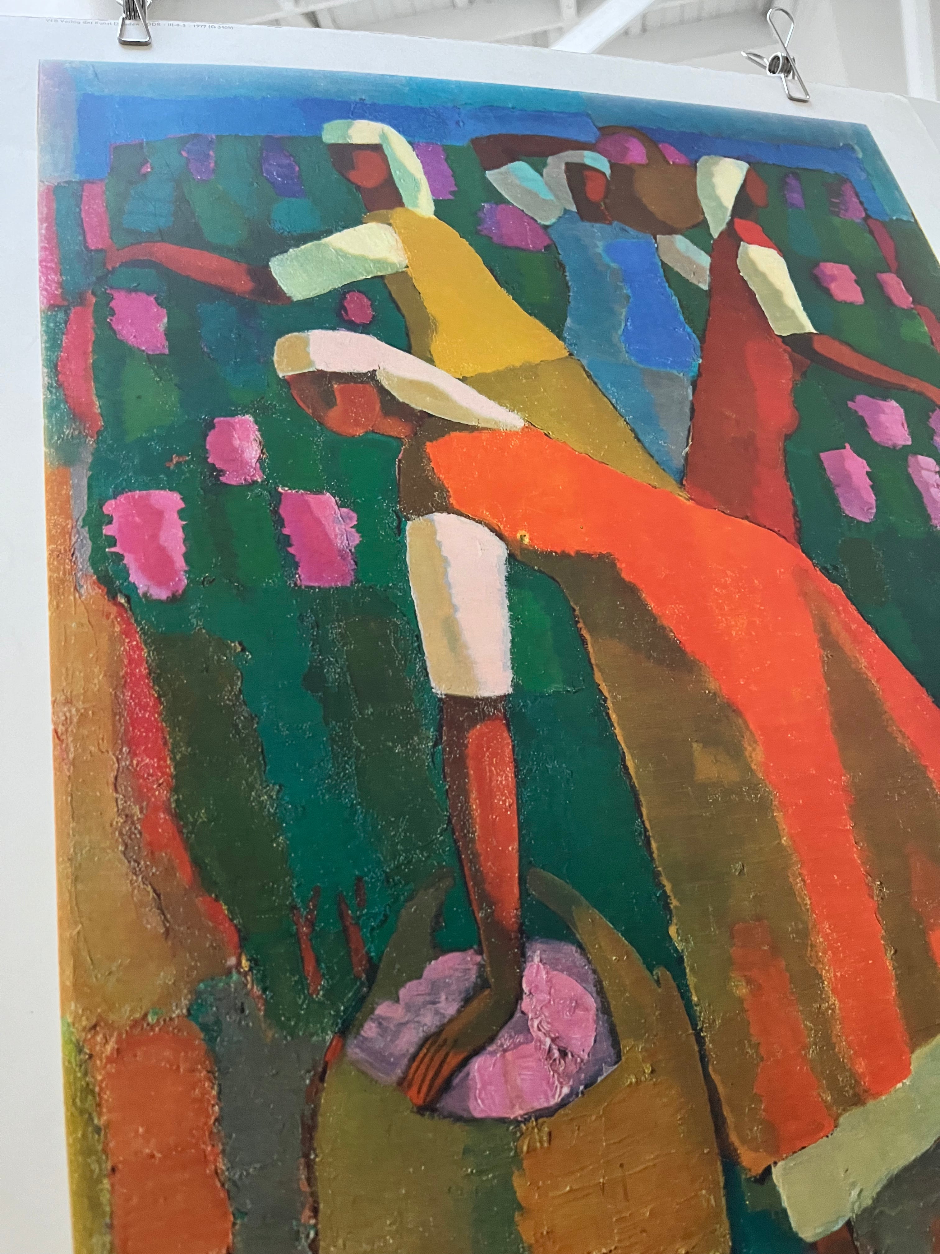 Close-up detail of a 1977 Alexander Petrow German vintage art print showing color and matte paper finish