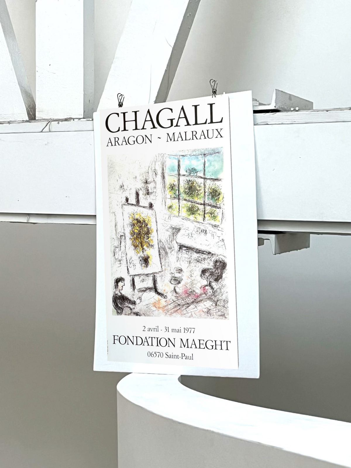 1977 Marc Chagall French art exhibition poster, full view of illustrated sketch of Chagall in his studio for Galerie Maeght