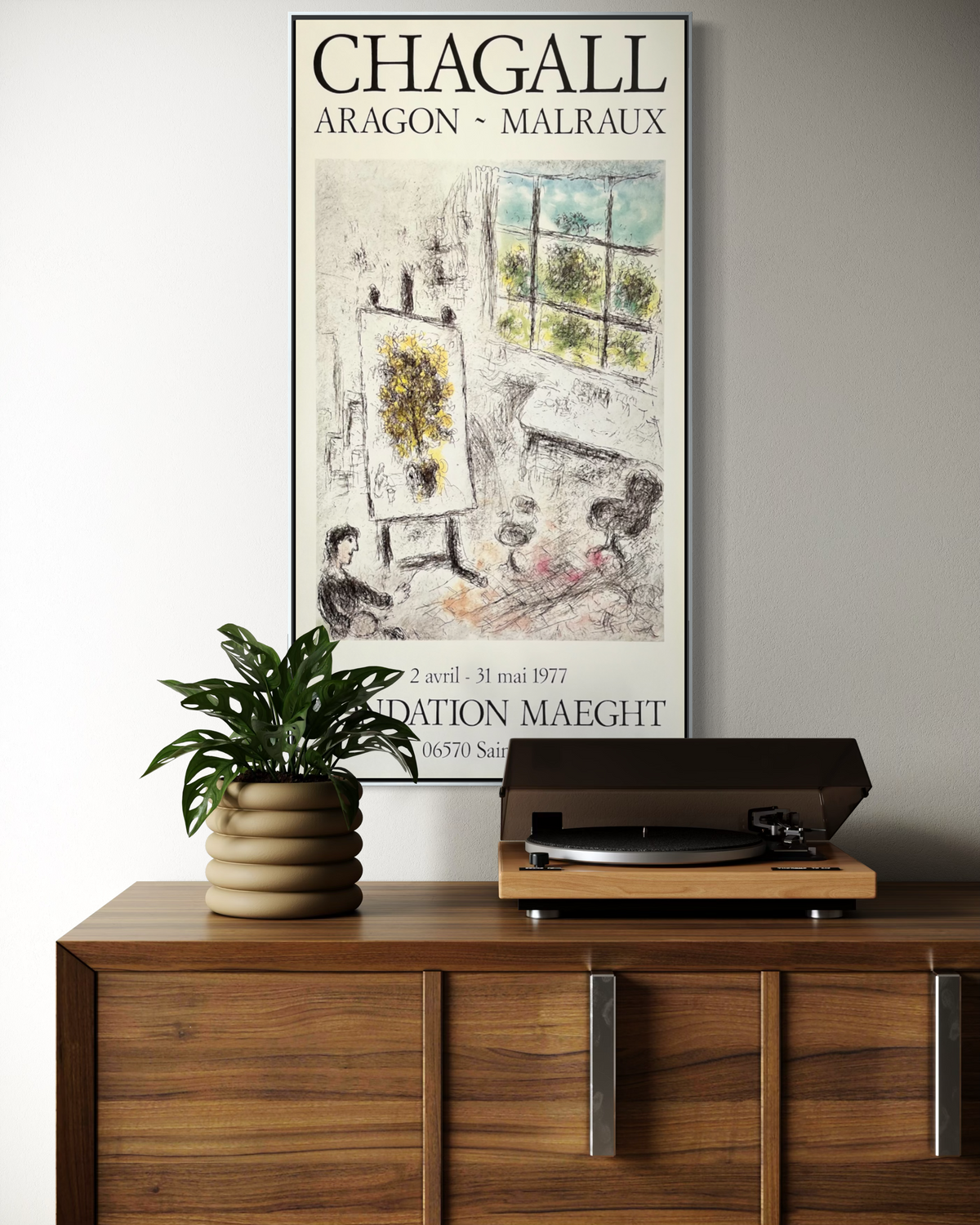 1977 Marc Chagall exhibition poster displayed as wall art in a home setting