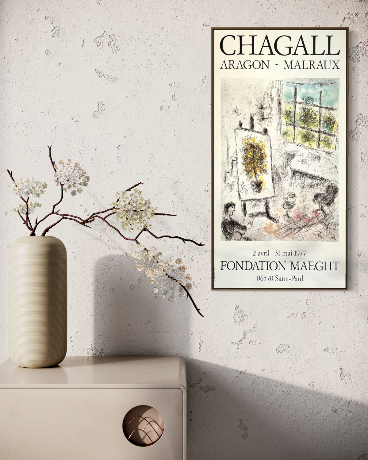 1977 Marc Chagall exhibition poster framed and displayed on a wall in a styled room