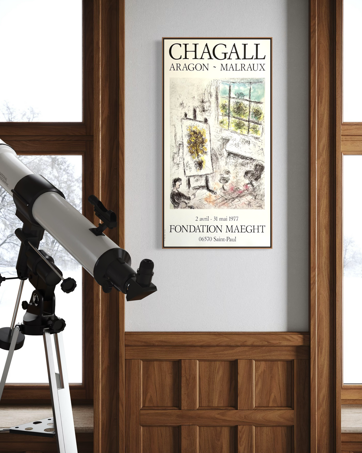 1977 Marc Chagall exhibition poster displayed as wall art in a home interior