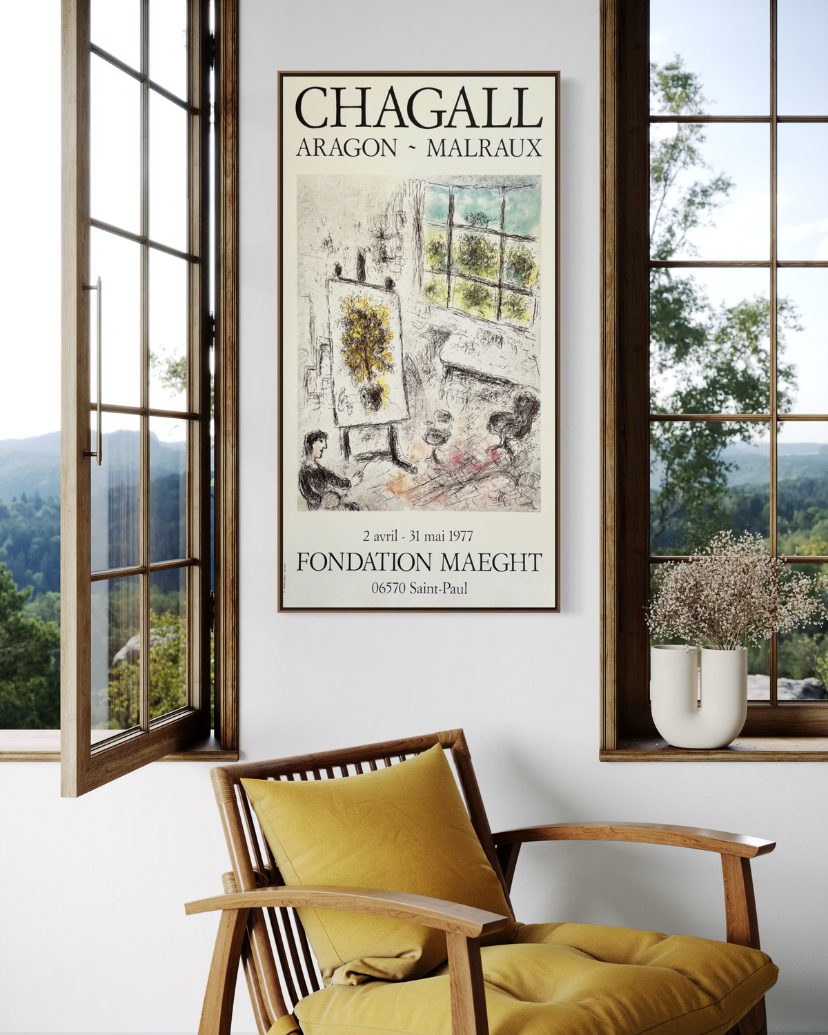 1977 Marc Chagall exhibition poster displayed as wall art above furniture in a living space