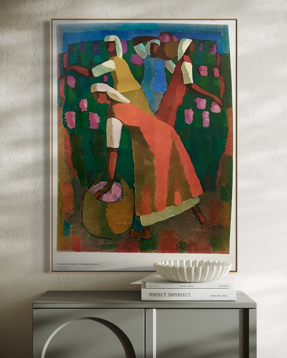 Vintage 1977 Alexander Petrow German print styled as wall decor in a living space