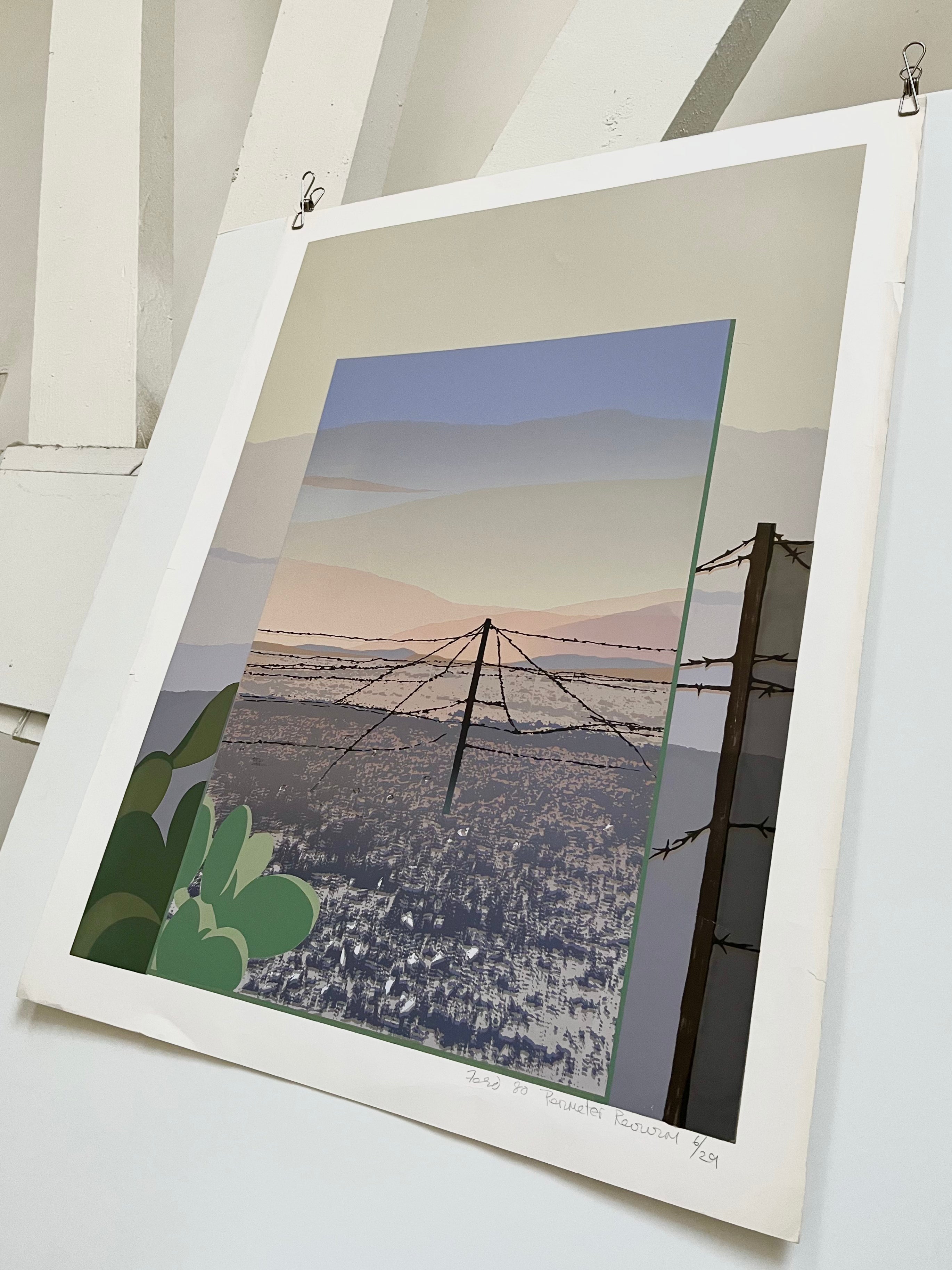 1980 Anita Ford signed screenprint 'Perimeter Review', close-up view of a barbed wire fence overlooking a vibrant sunset landscape with prickly pear cacti
