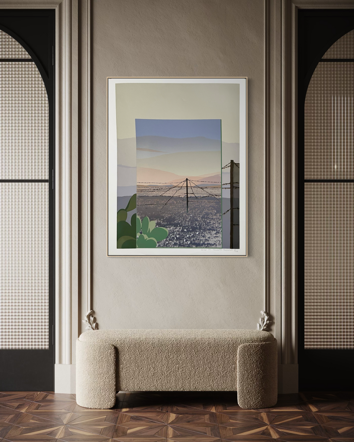 1980 Anita Ford 'Perimeter Review' screenprint shown in a styled home mockup