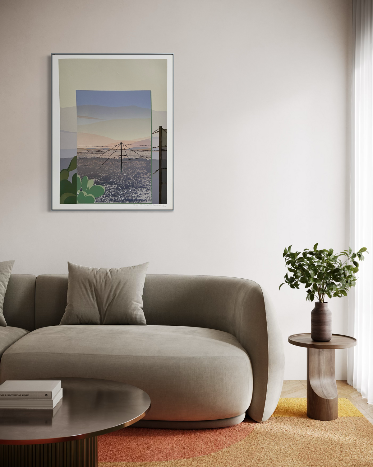 1980 Anita Ford 'Perimeter Review' sunset landscape screenprint in a home setting
