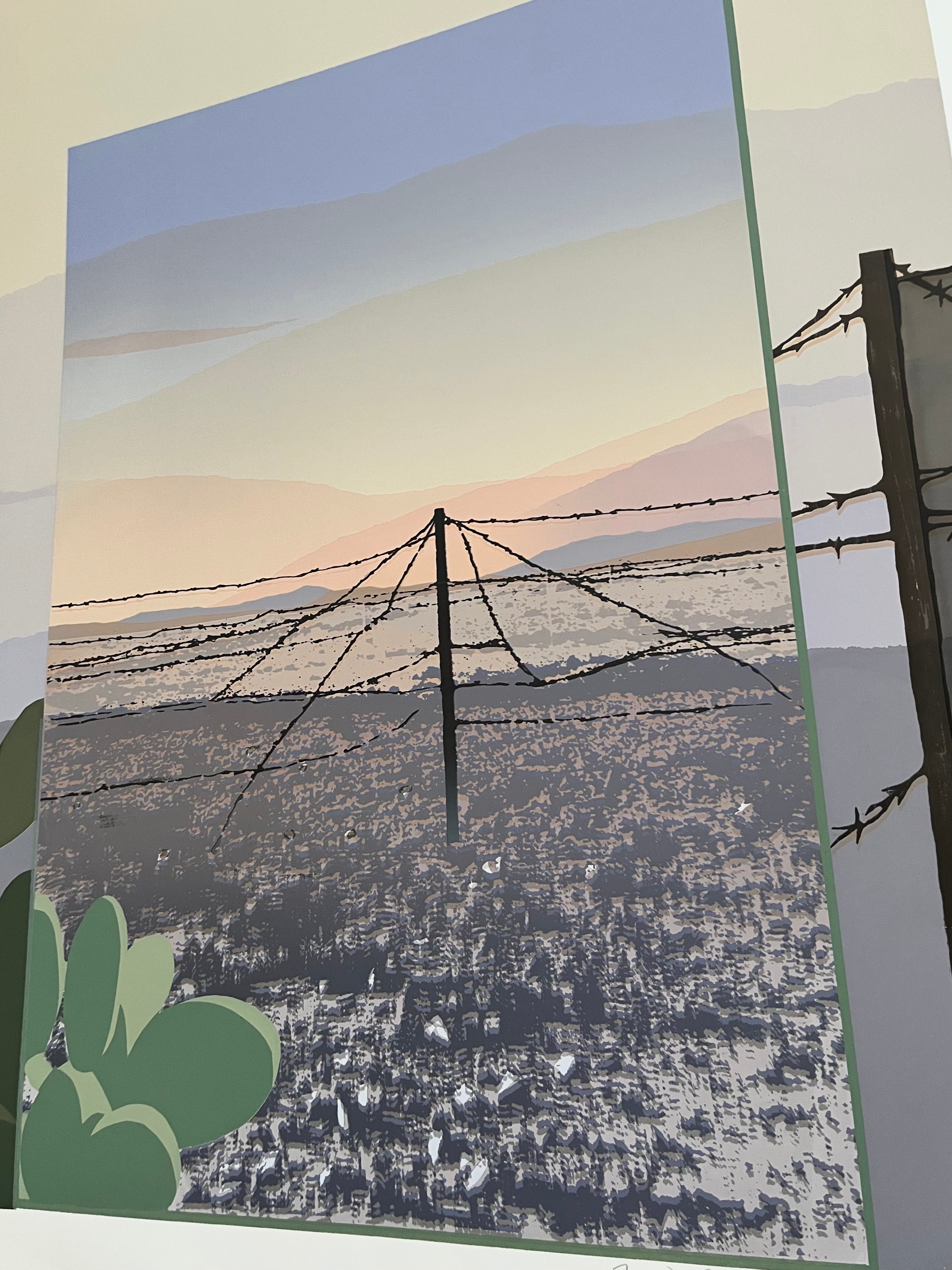 Zoomed-in detail of Anita Ford's 'Perimeter Review' screenprint showing barbed wire and prickly pear cacti