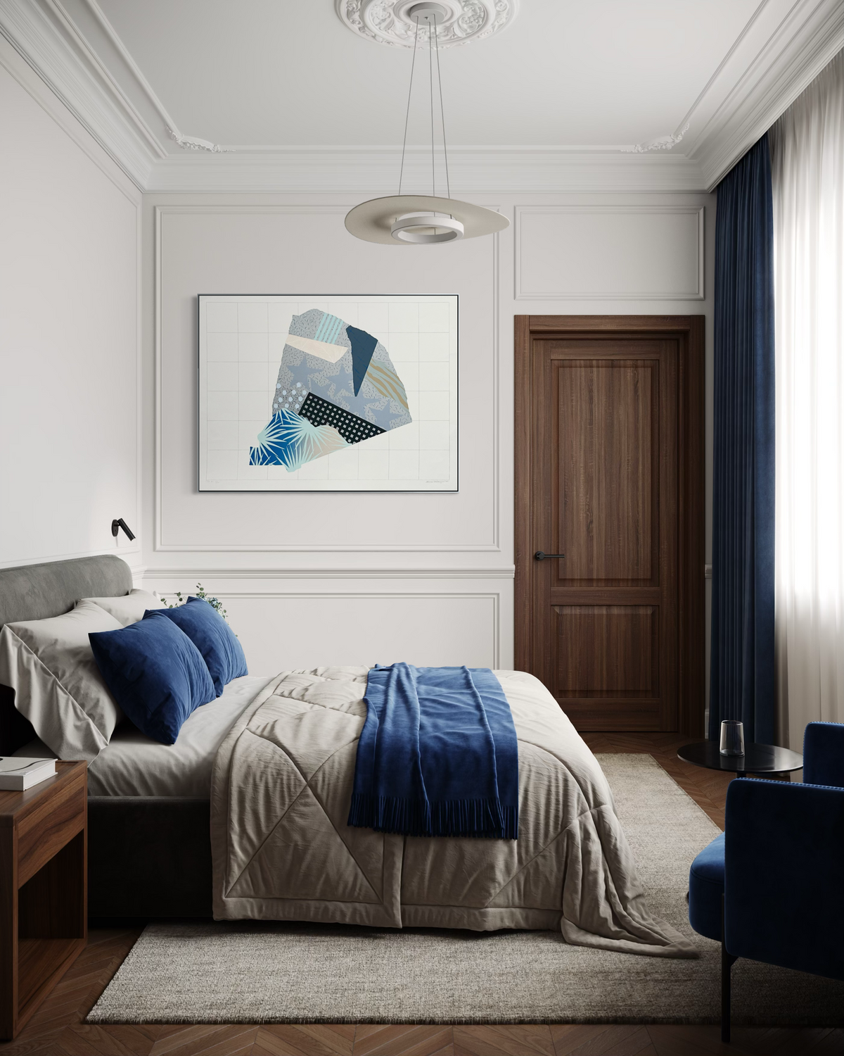 Rune Söderqvist 1980s lithograph hanging on a bedroom wall