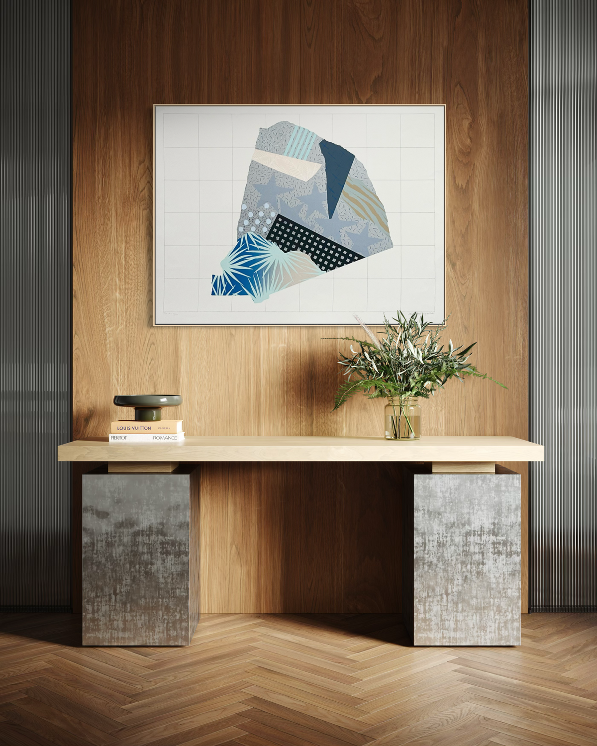 Rune Söderqvist 1980s signed lithograph shown as wall art in a modern home