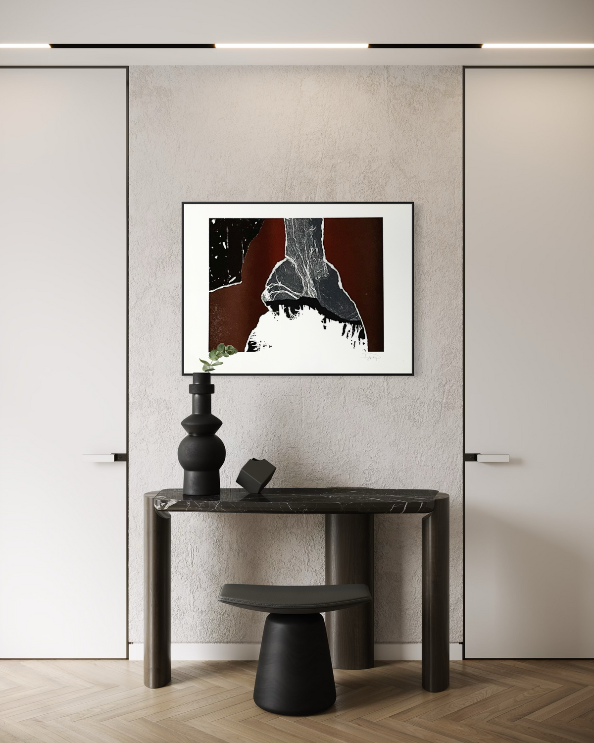Vintage Laszlo Dus print, abstract modernist lithograph in black white and red