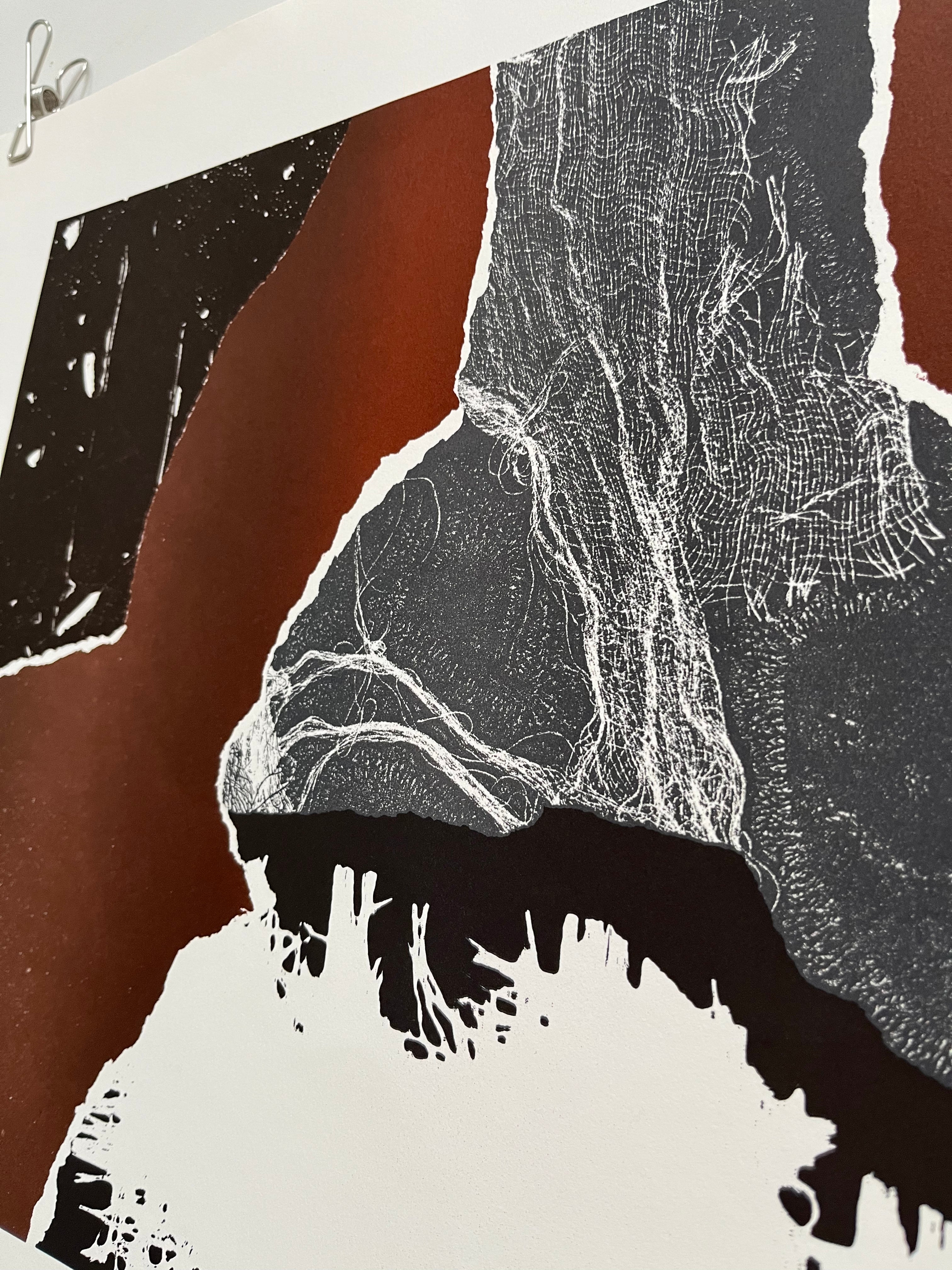 Close-up of Laszlo Dus lithograph showing torn-edge and twine texture technique